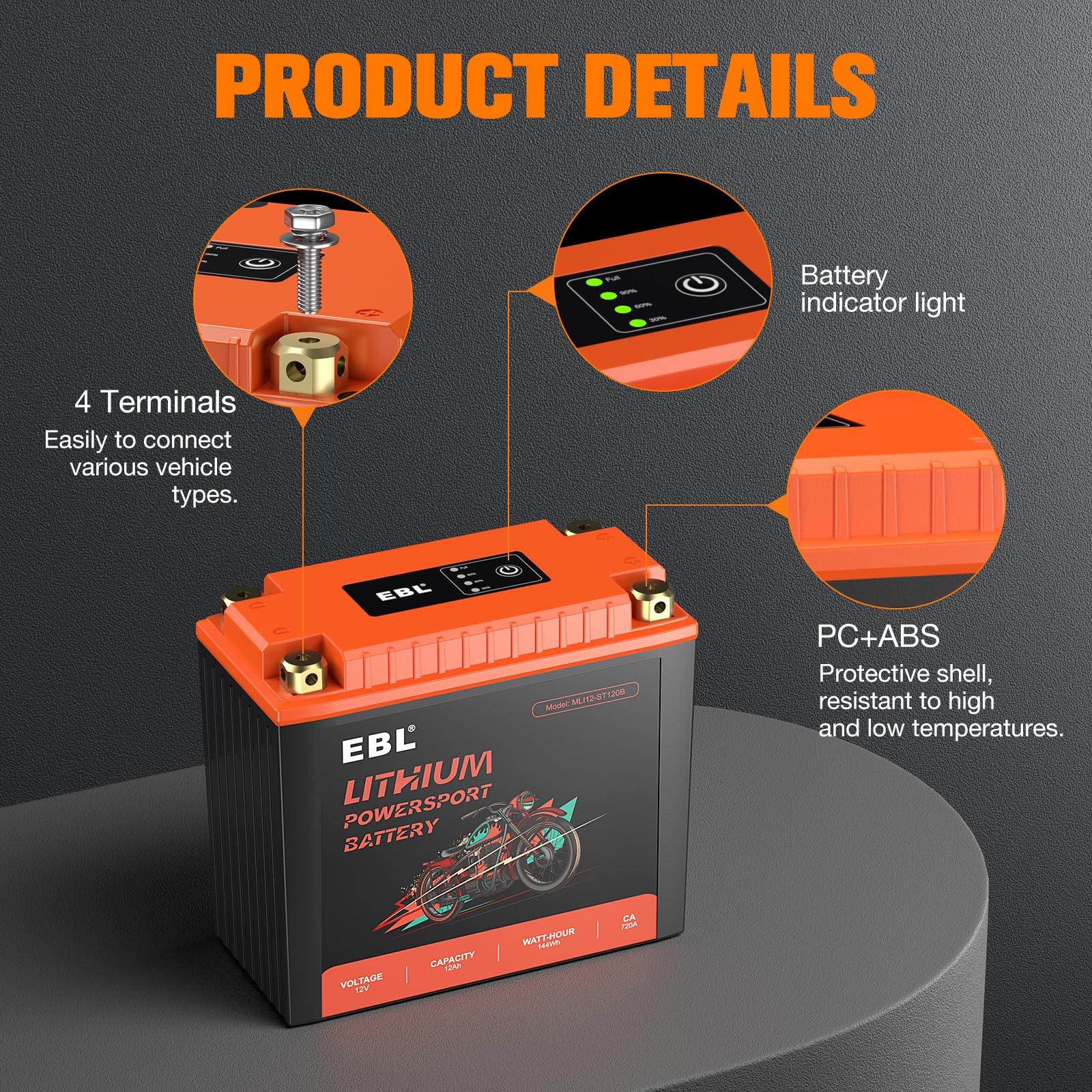 EBL lithium YTX20L-BS battery with BMS rapid-charging feature for fast power-up