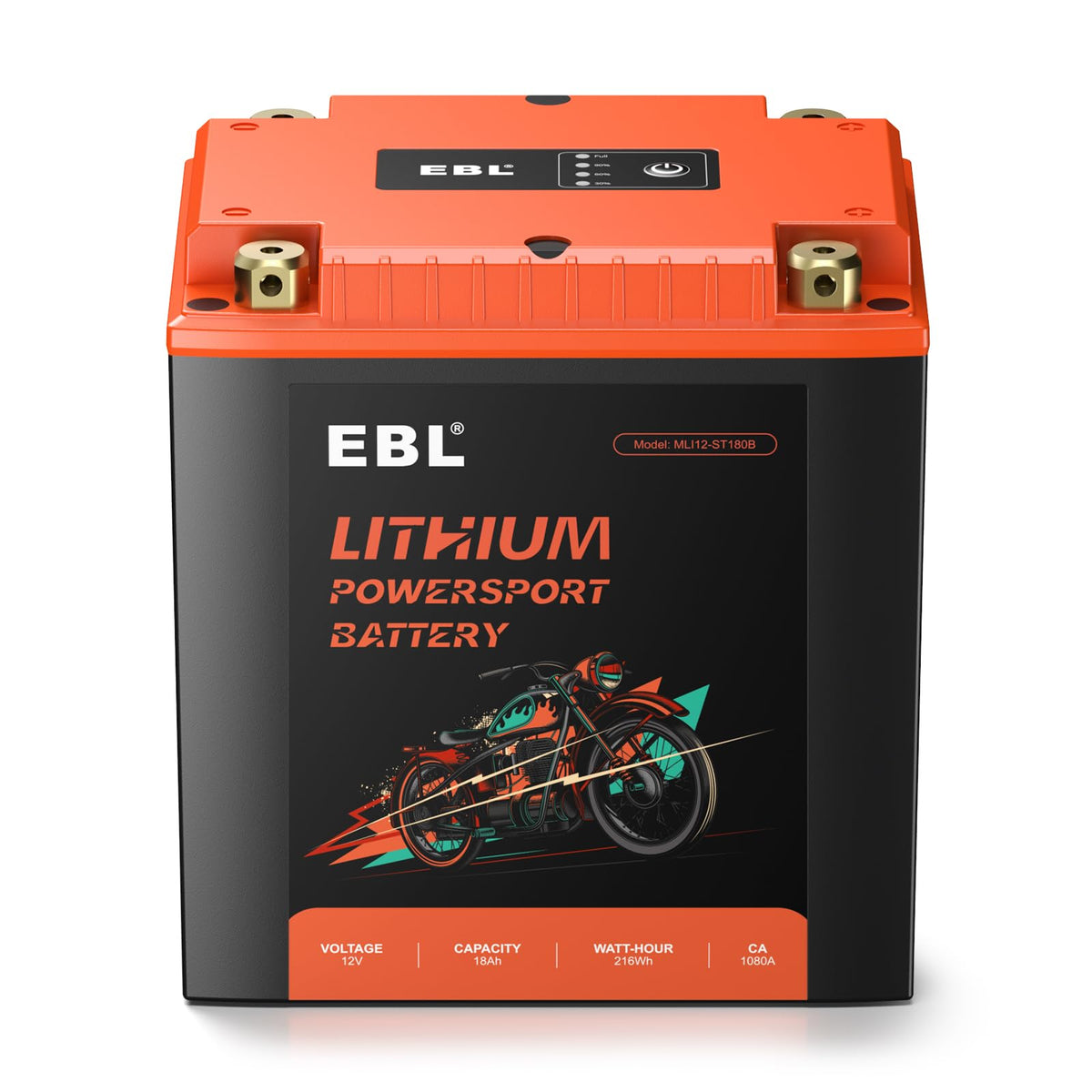 EBL lithium YTX30L-BS battery front view highlighting compact power