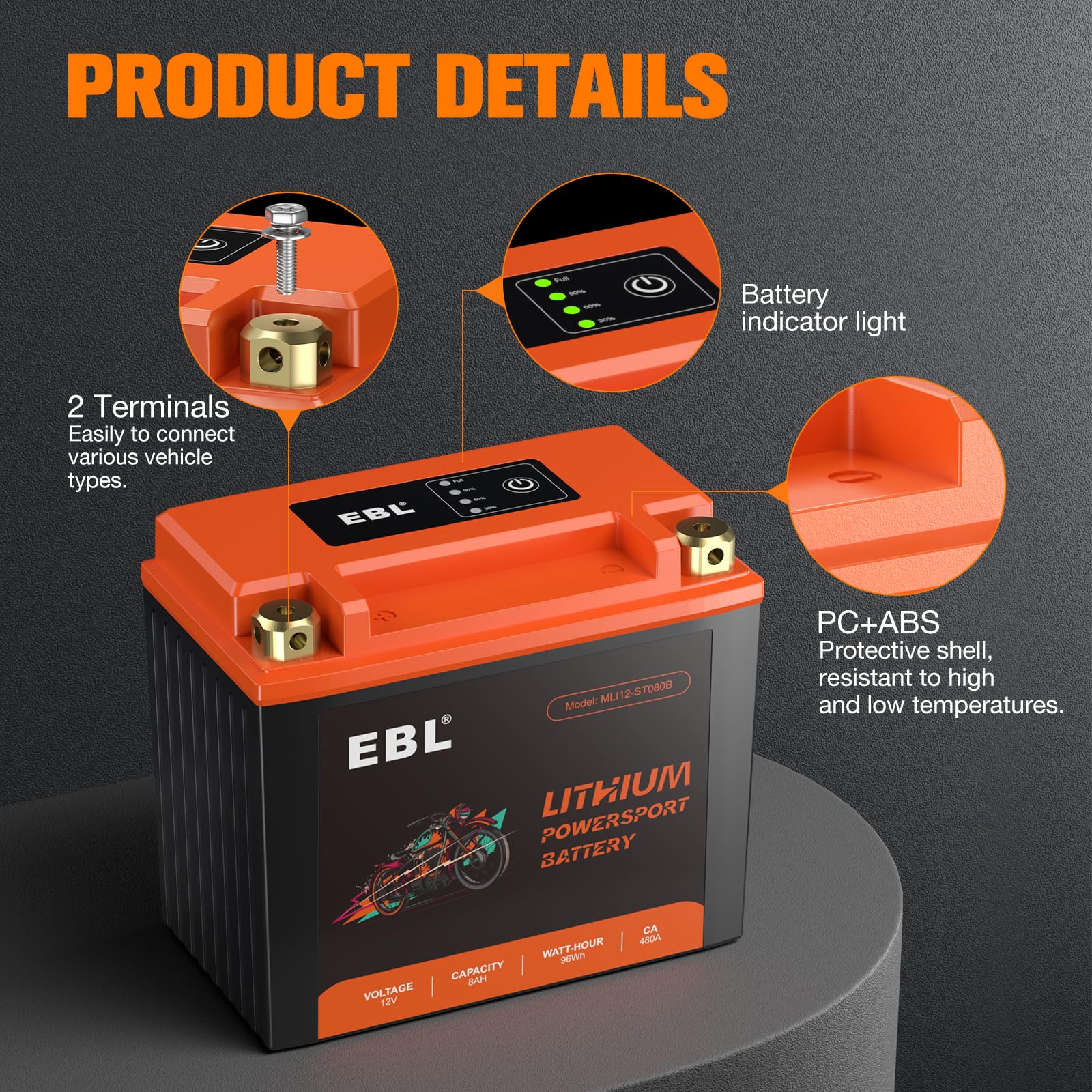 EBL terminal configuration with left negative, right positive