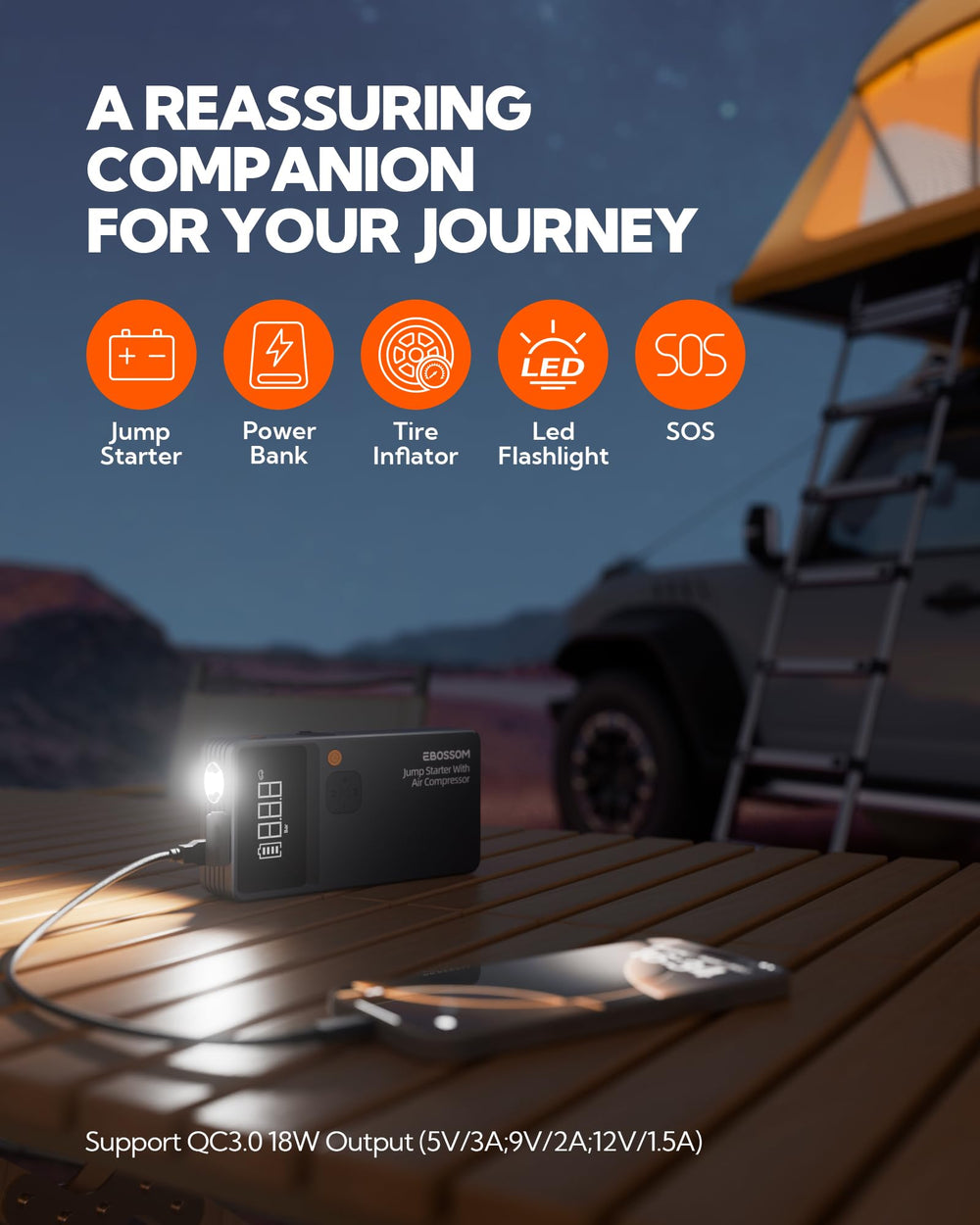EBOSSOM JC8 LED emergency light illuminates the surroundings for safer checks