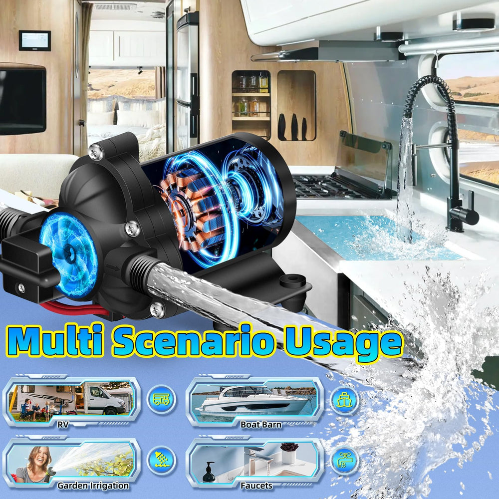 Ebusin RV water pump self-priming up to 8 feet supports flexible tank placement.
