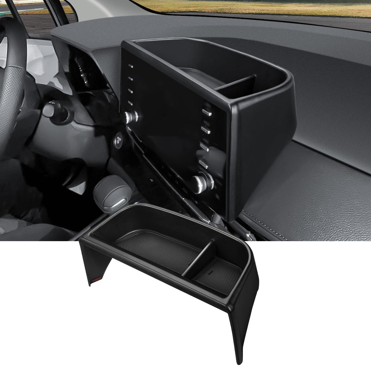 Ecarzo dash tray front view showing seamless Sienna integration and tidy dashboard