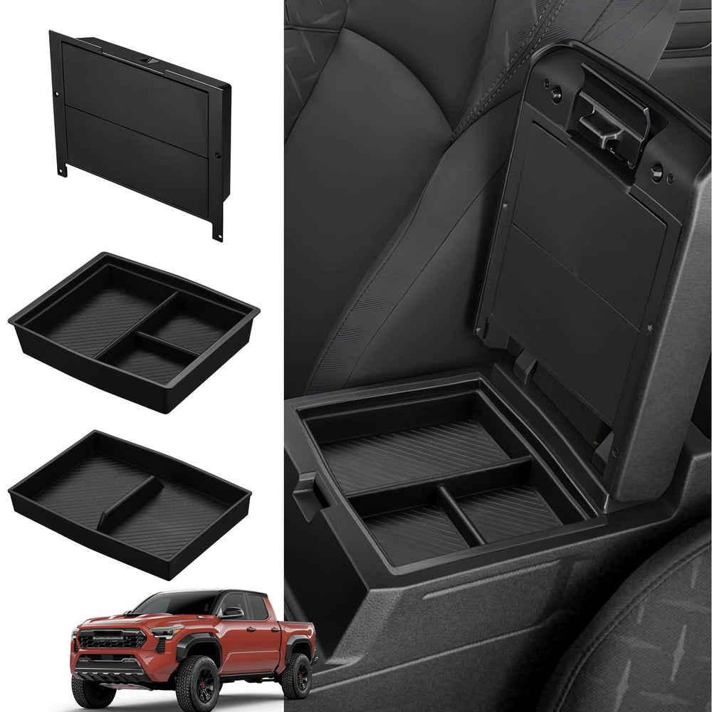 Ecarzo Tacoma top console organizer demonstrates a three-compartment layout for easy access.