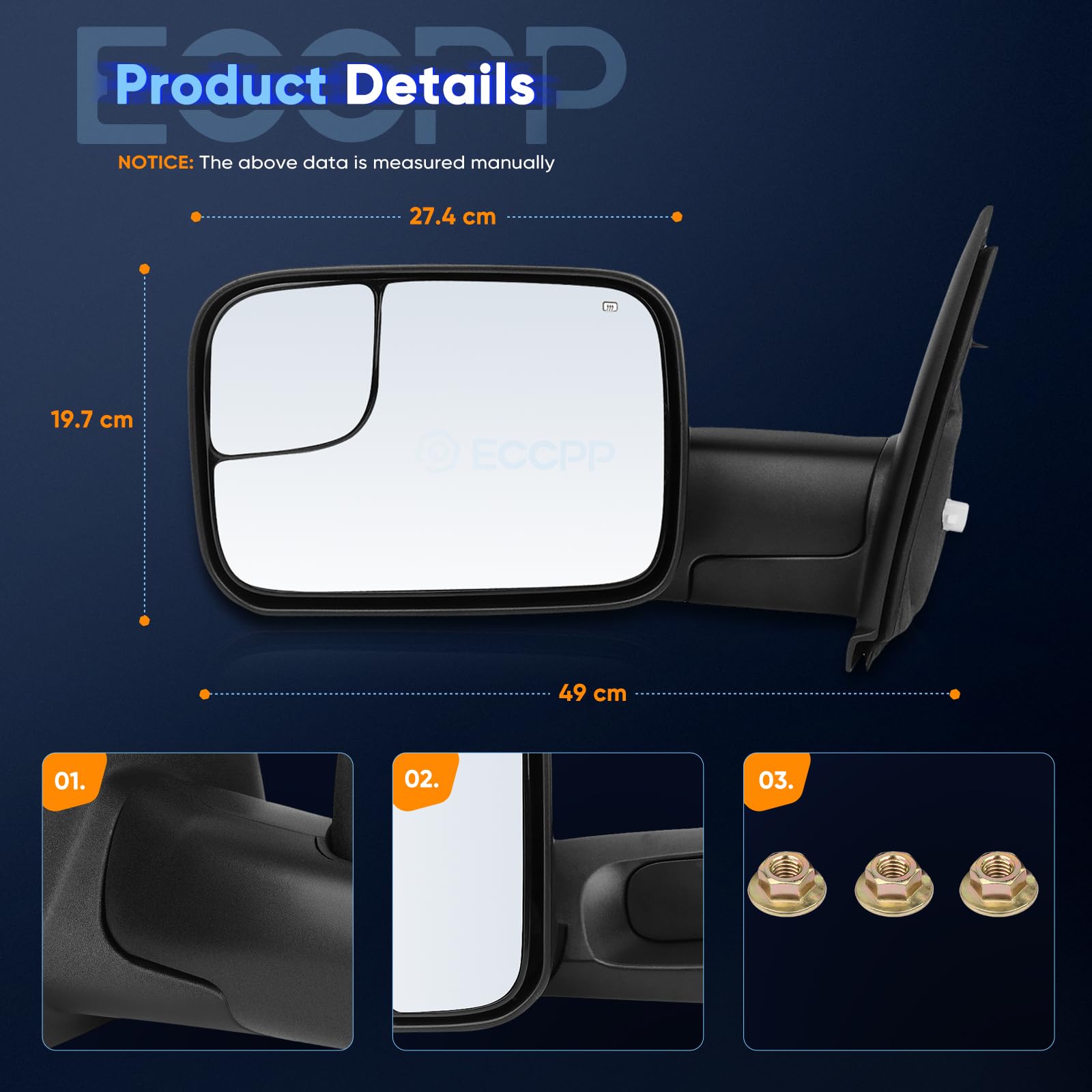 ECCPP towing mirrors for Ram 2500/3500 left view with manual folding.