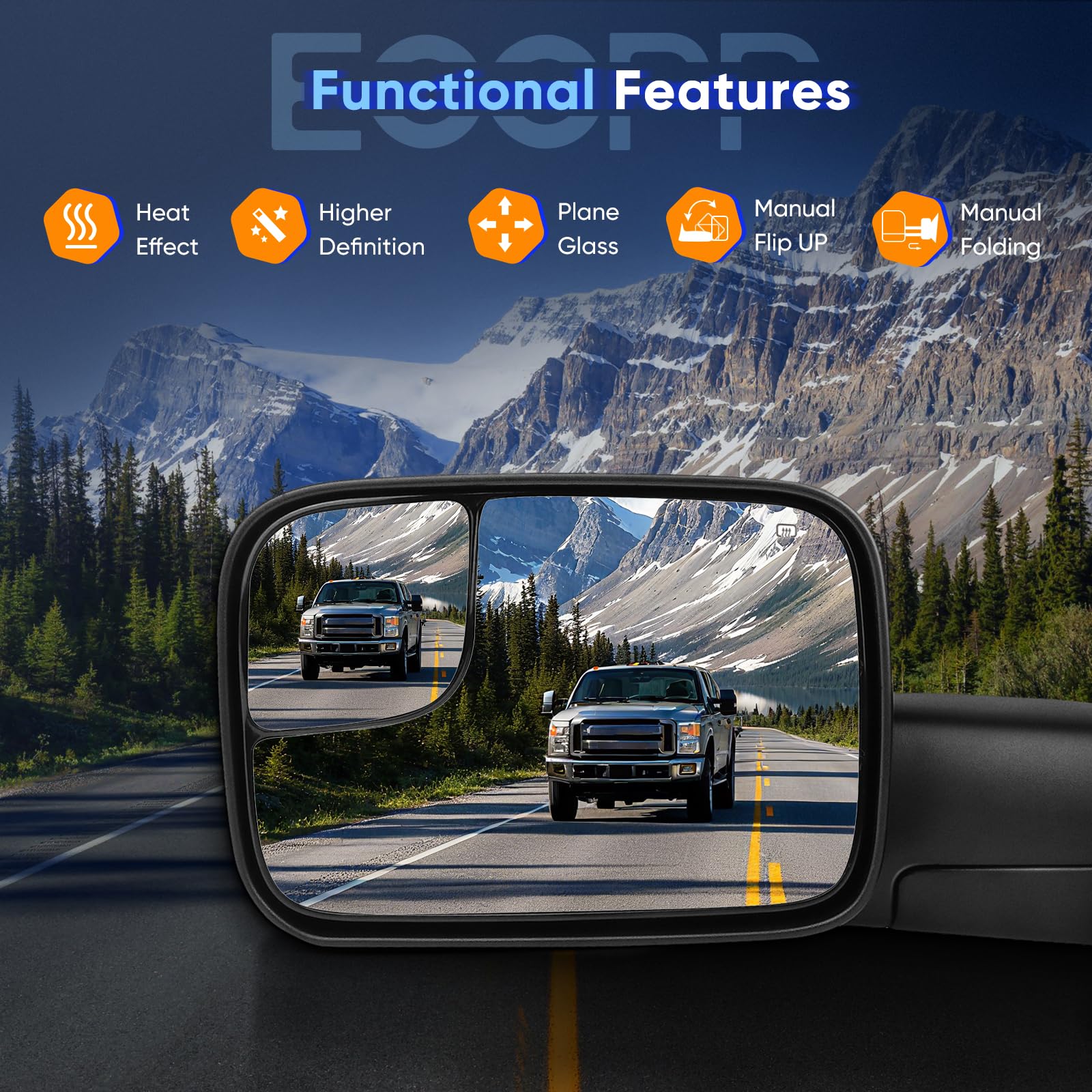 ECCPP towing mirrors textured black housing enhances rugged truck styling.