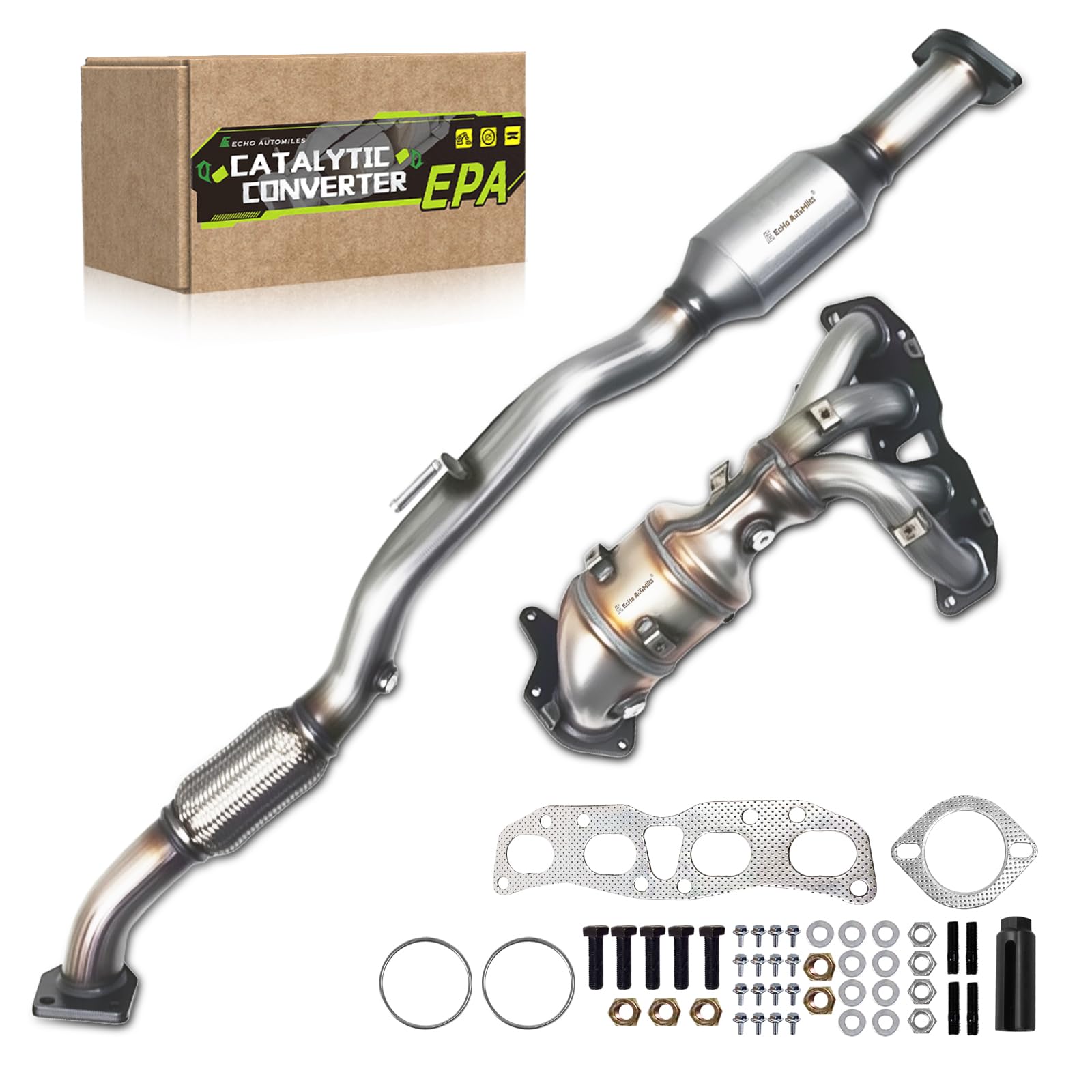 ECHO AUTOMILES front-rear catalytic converter closeup improves exhaust flow and durability.