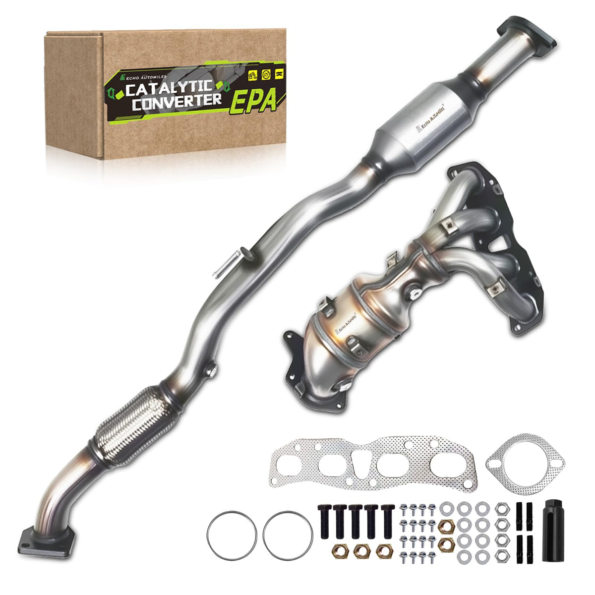 ECHO AUTOMILES front-rear catalytic converter closeup improves exhaust flow and durability.