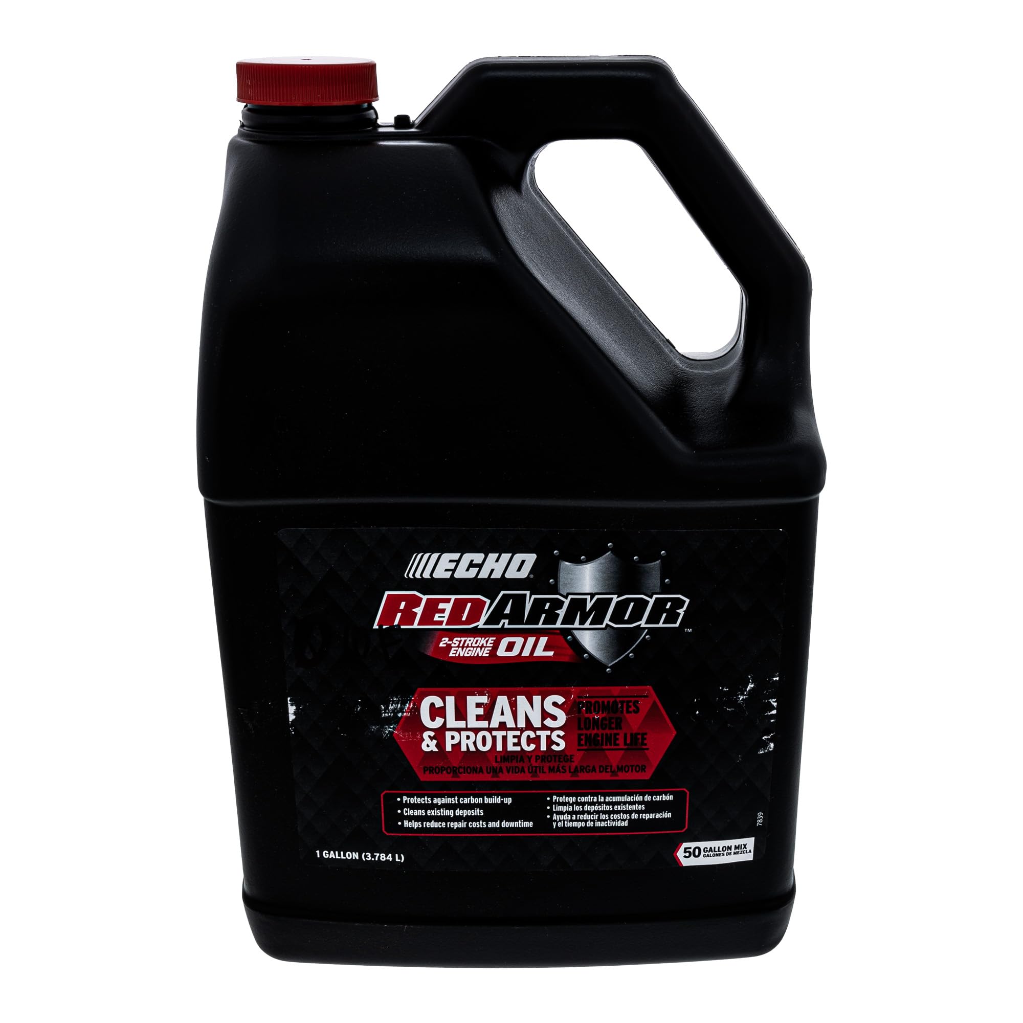 ECHO Red Armor bottle back label showing detergents for clean engines.