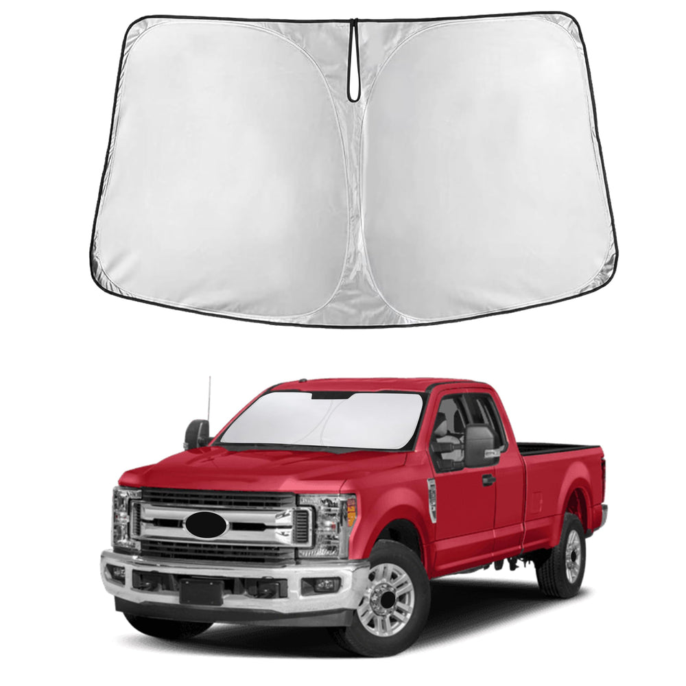 EcoNour windshield sunshade front view for Ford F-250/F-350 reduces heat and glare.