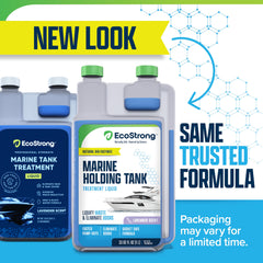 Eco Strong Marine label closeup highlighting bio-enzymatic formula for waste