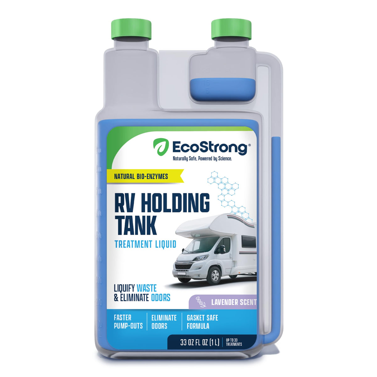 Eco Strong RV Toilet Treatment bottle with lavender scent eases black tank cleaning.