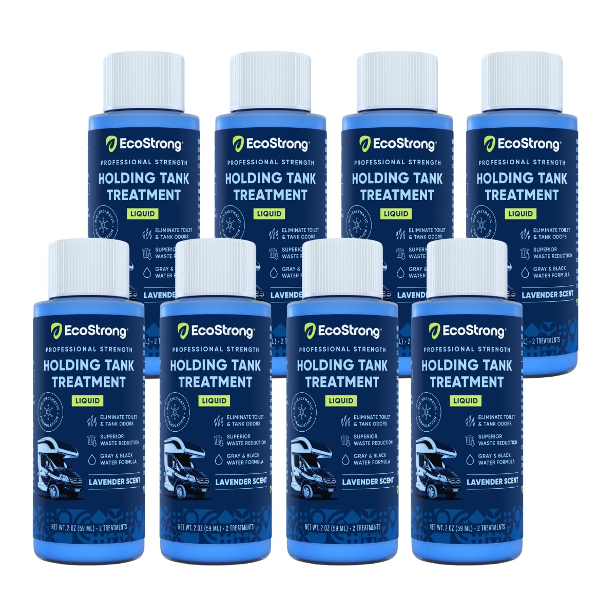 Eco Strong RV Toilet Treatment bottle shown for easier black tank care at the campsite.