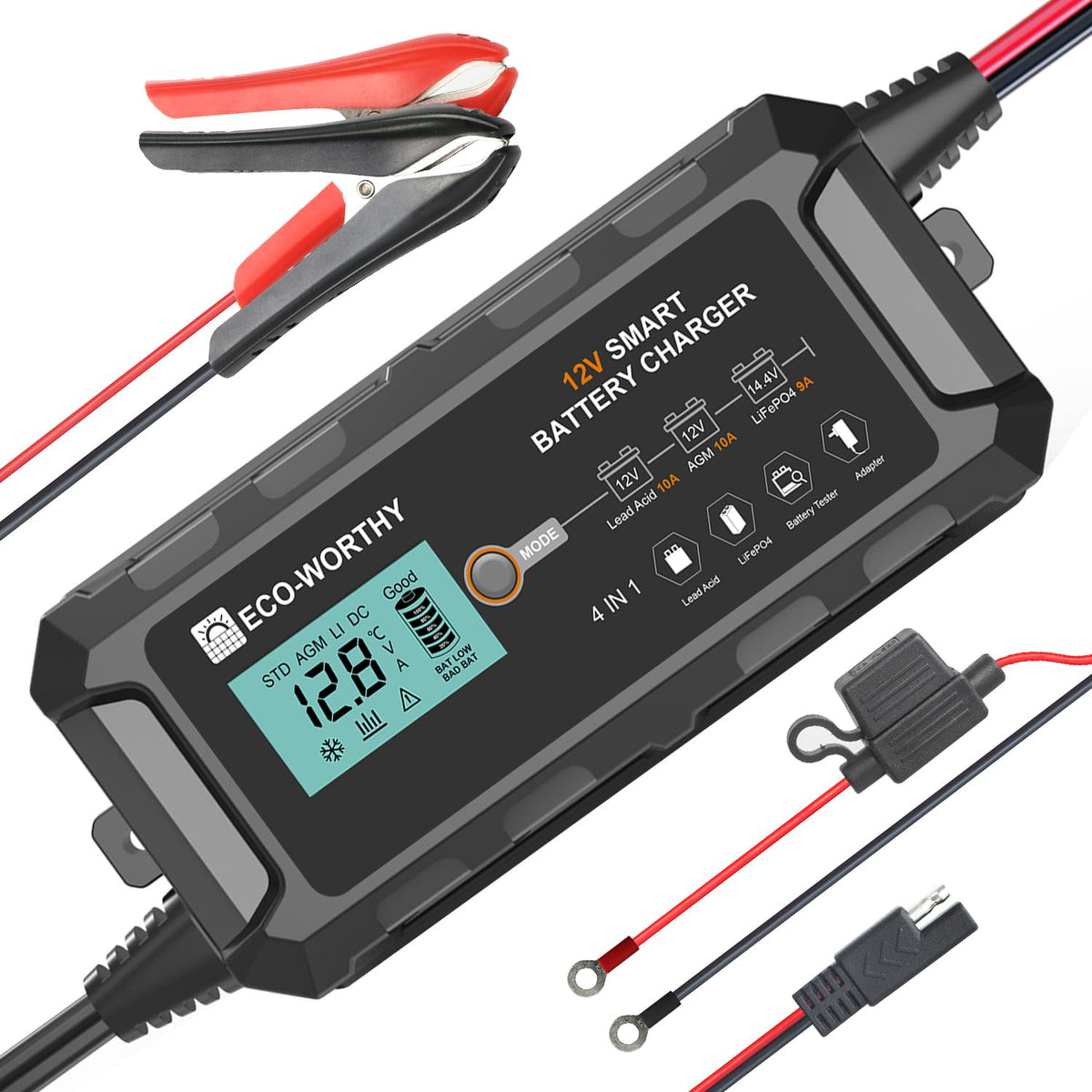 Eco-Worthy 10A LiFePO4 charger front view for everyday maintenance