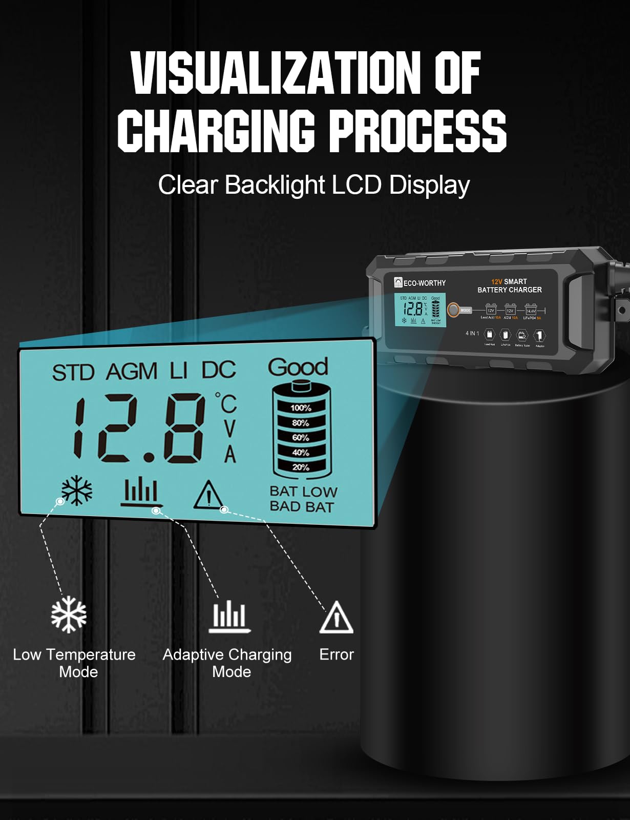 Eco-Worthy 10A LiFePO4 charger LED indicators monitor charging status