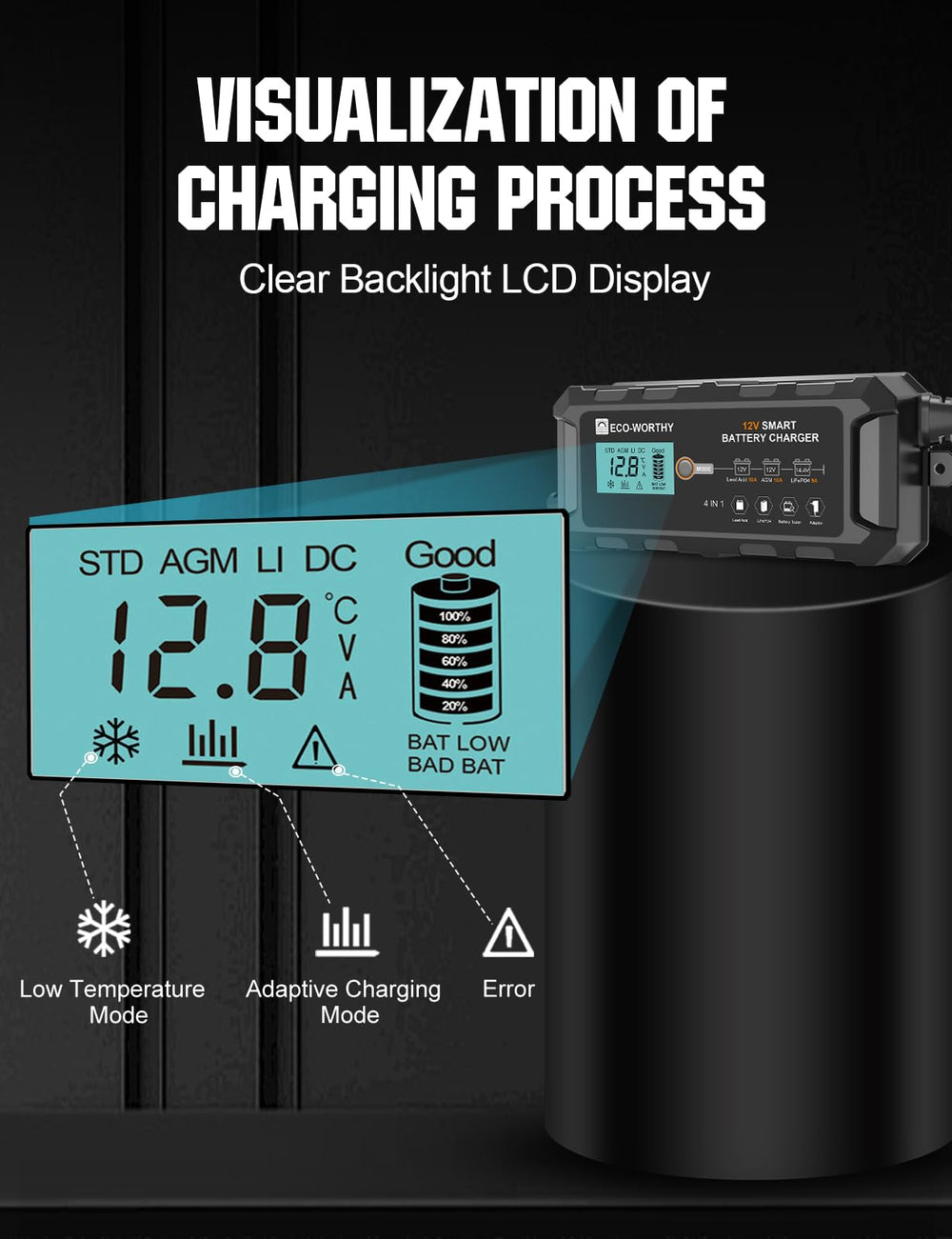 Eco-Worthy 10A LiFePO4 charger LED indicators monitor charging status