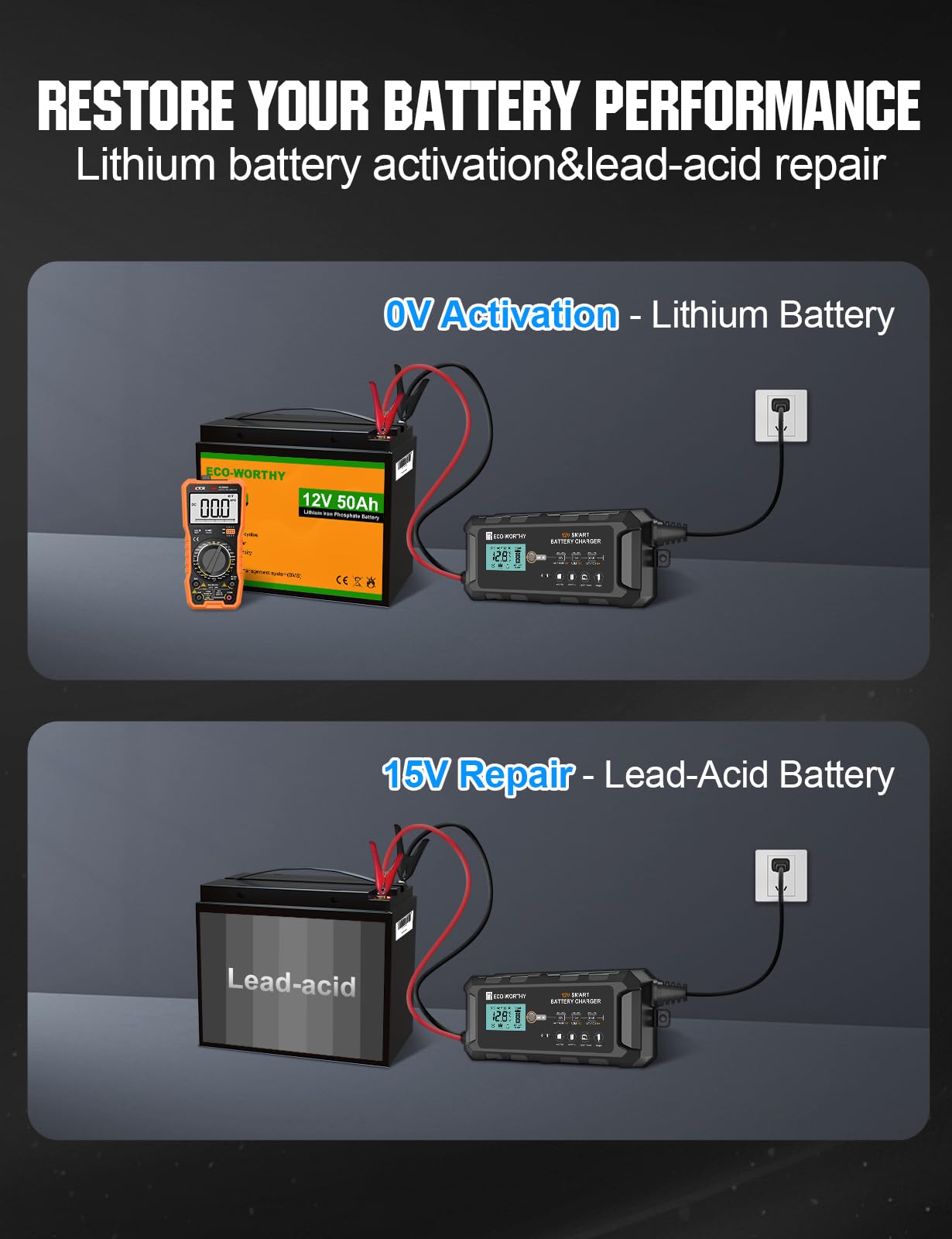 Eco-Worthy 10A LiFePO4 charger with SAE connector for plug-and-play setup