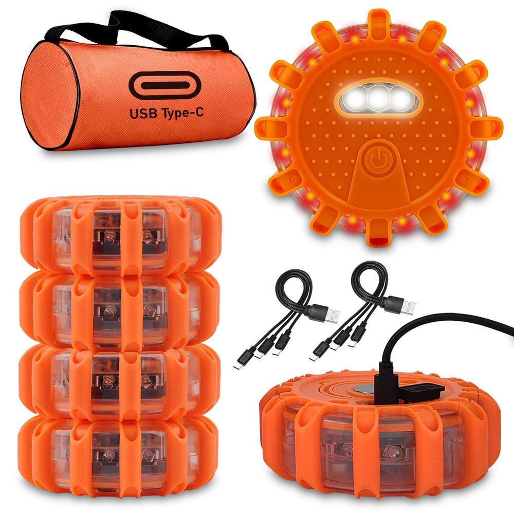 Ecoangel USB-C rechargeable LED road flare with magnetic base for hands-free roadside safety.