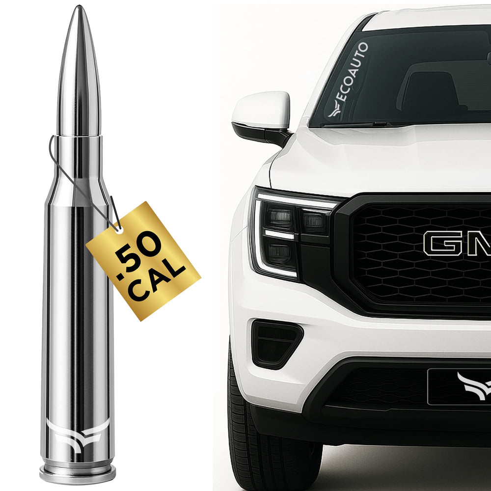 EcoAuto 50 Cal Bullet Antenna front view for Silverado enhances rugged truck styling