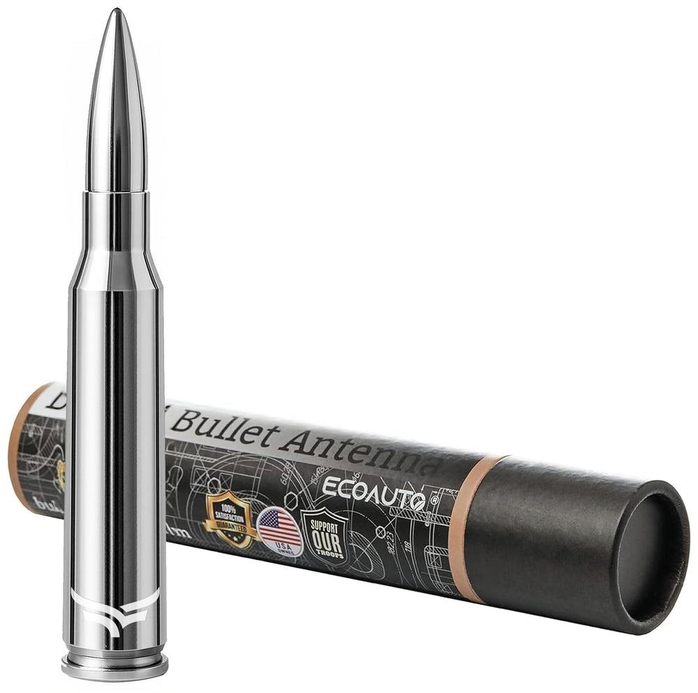 EcoAuto 50 Cal Bullet Antenna packaging emphasizes quality and compatibility notes