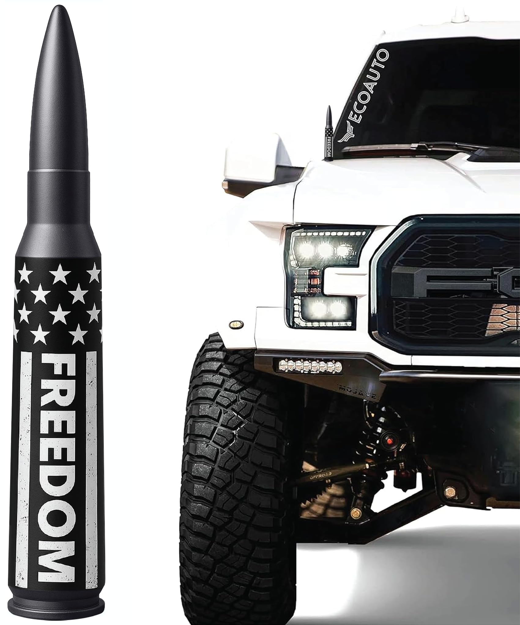 EcoAuto bullet antenna topper on Dodge Ram highlights rugged style and anti-theft-ready design.