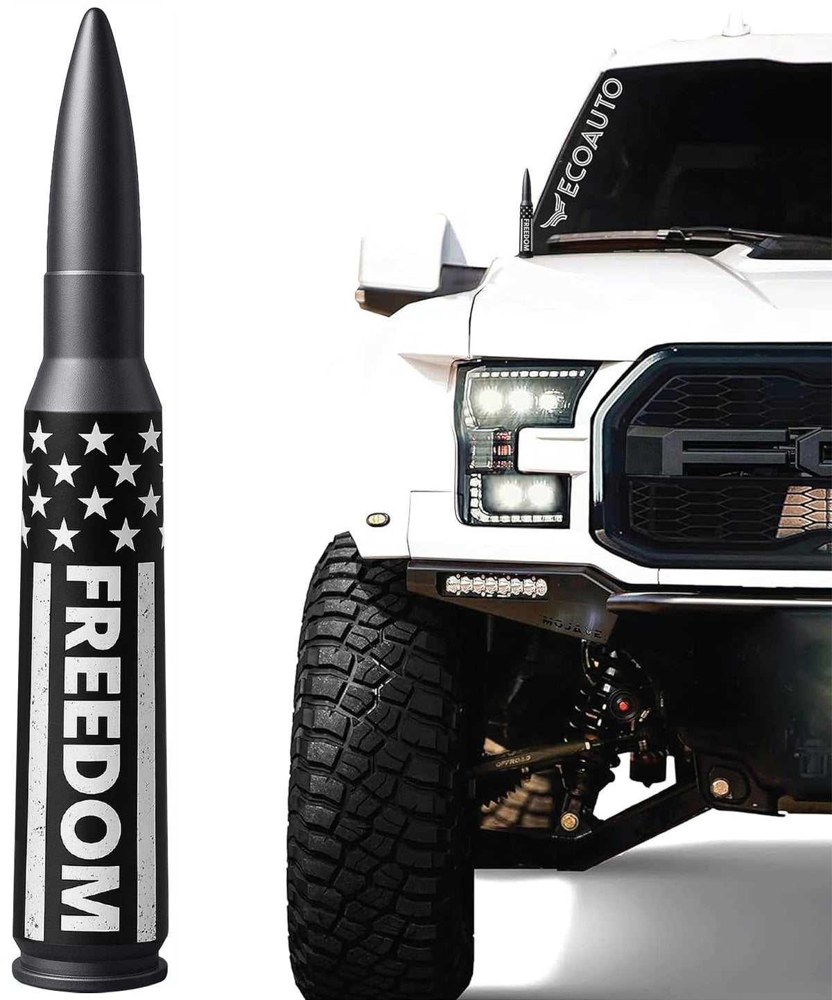 EcoAuto bullet antenna topper on Dodge Ram highlights rugged style and anti-theft-ready design.
