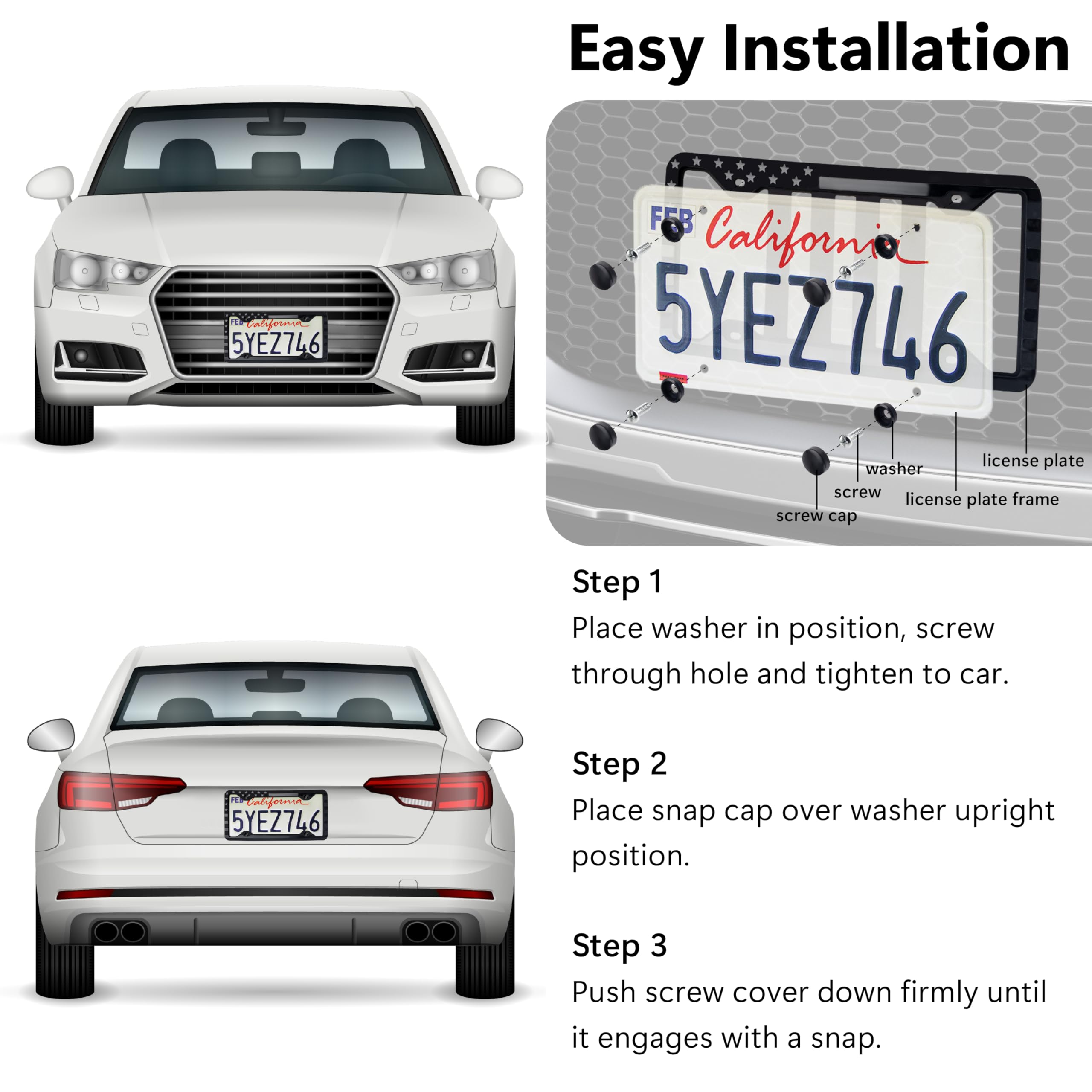 ecocstm front and rear license frame blends with vehicle styling.