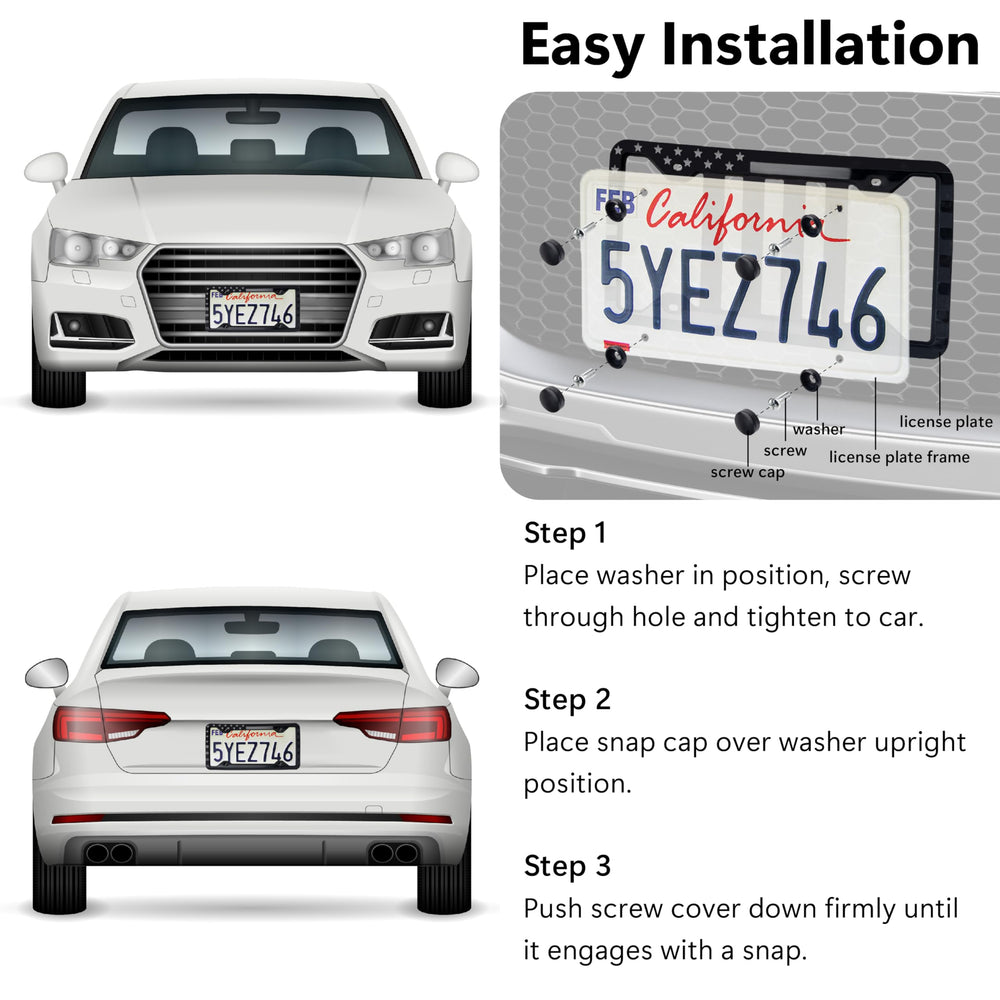 ecocstm front and rear license frame blends with vehicle styling.