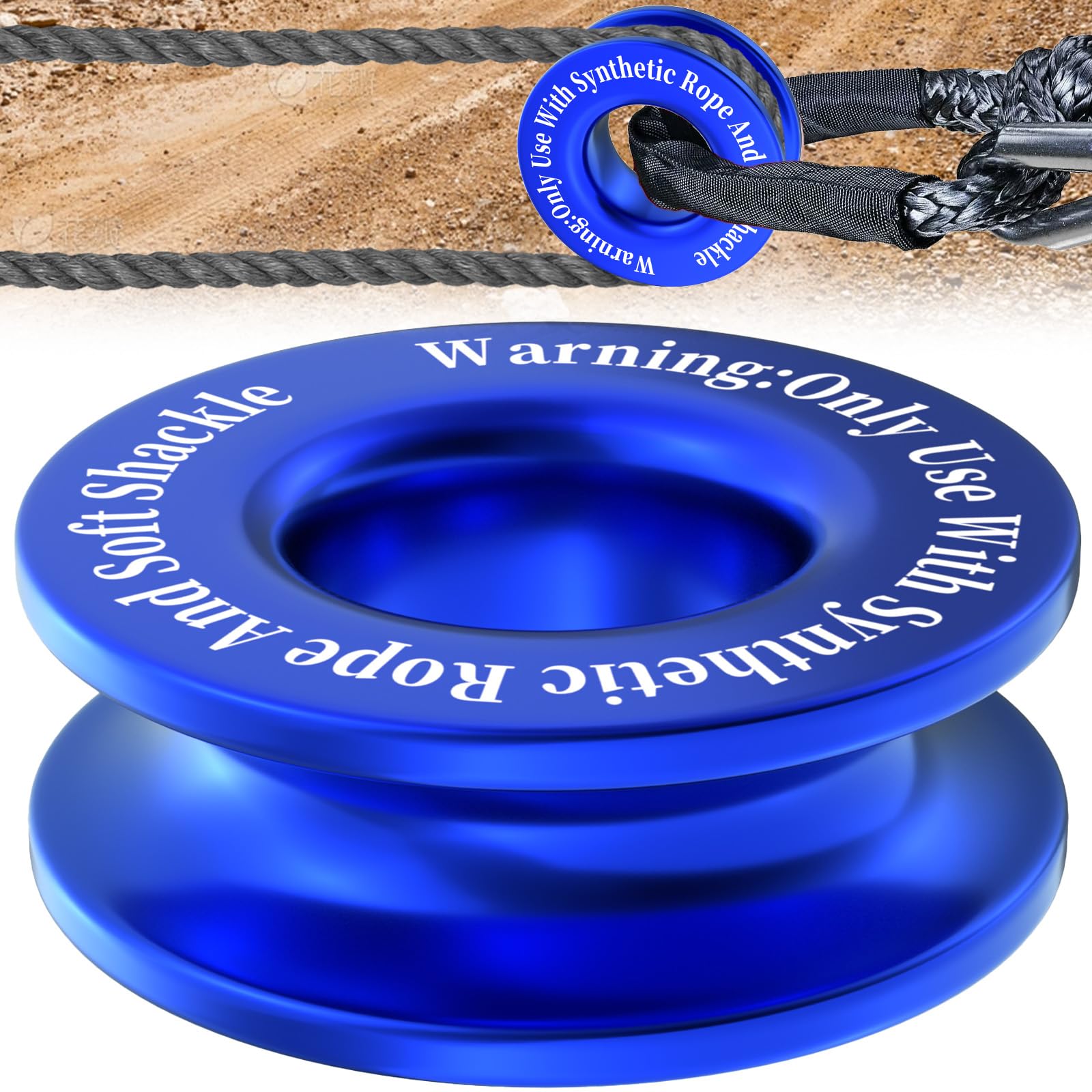 ecocstm Winch Snatch Recovery Ring blue close-up, CNC-polished for smooth operation