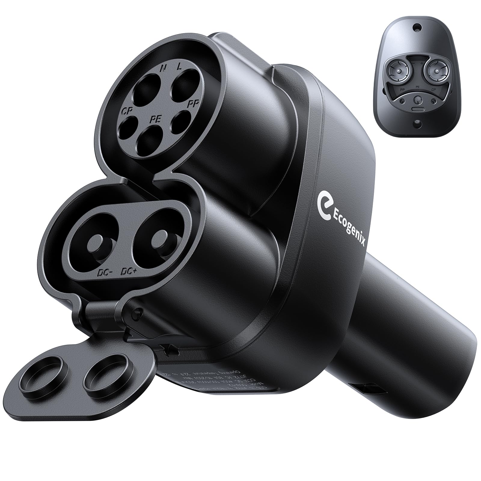 Ecogenix 2In1 adapter connected to a Tesla enabling CCS1 and J1772 charging.