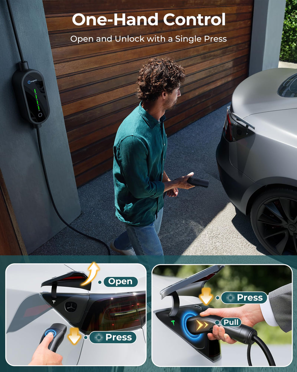 Ecogenix Tesla charger with NEMA 5-15 plug for Level 1 charging at home