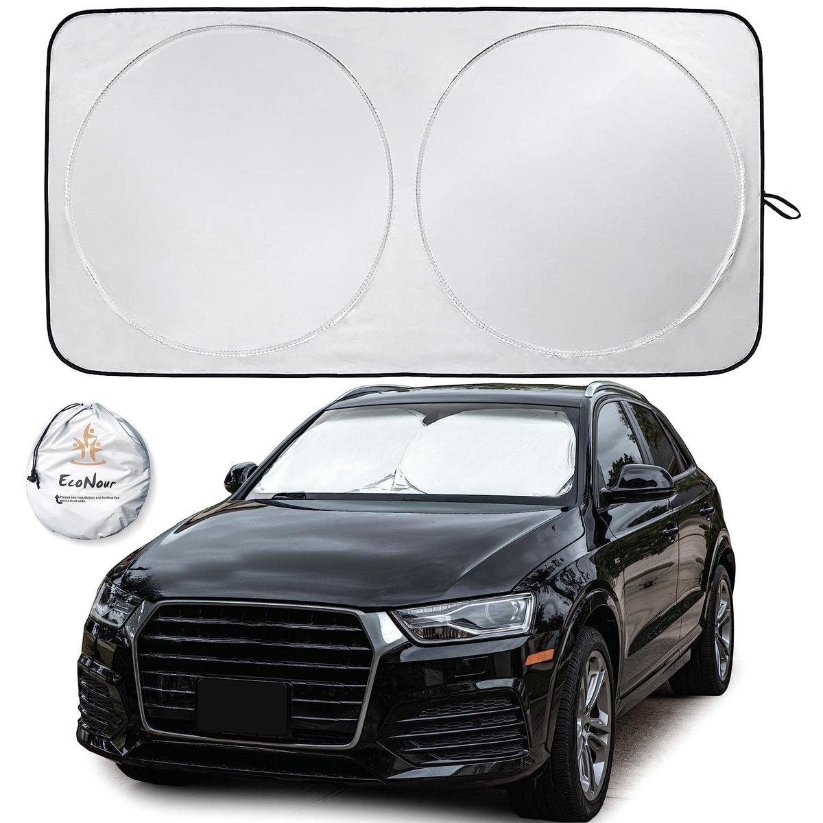EcoNour windshield shade folded and stored in its storage pouch for clutter-free trunk.
