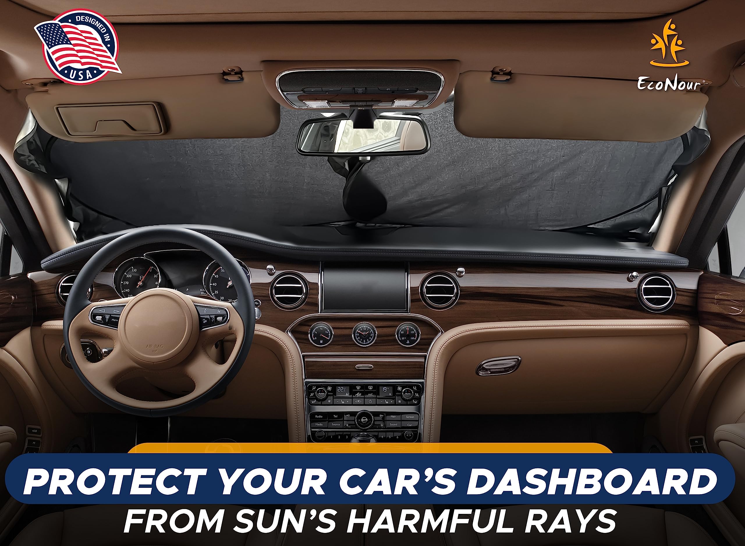 EcoNour windshield shade blocks UV rays to keep cabin cooler on hot days.