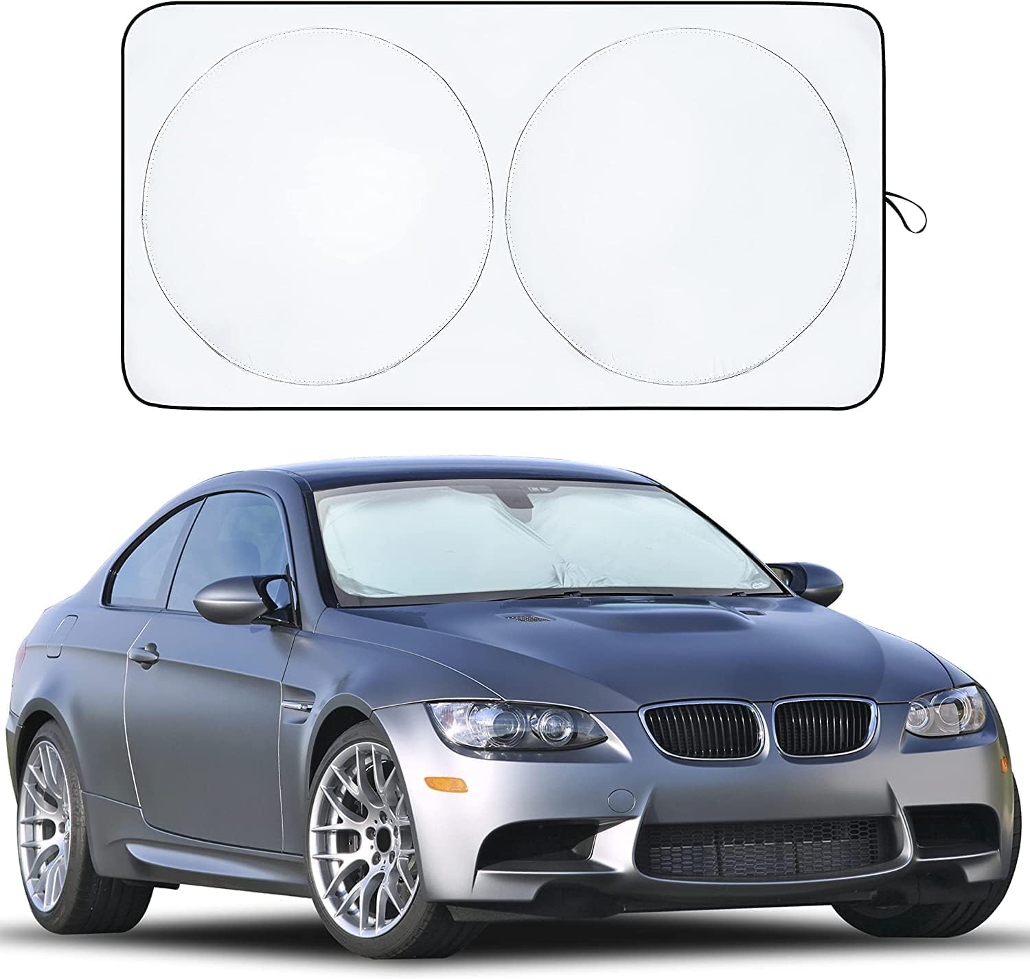 EcoNour car windshield sunshade with extended overlap design for snug fit.