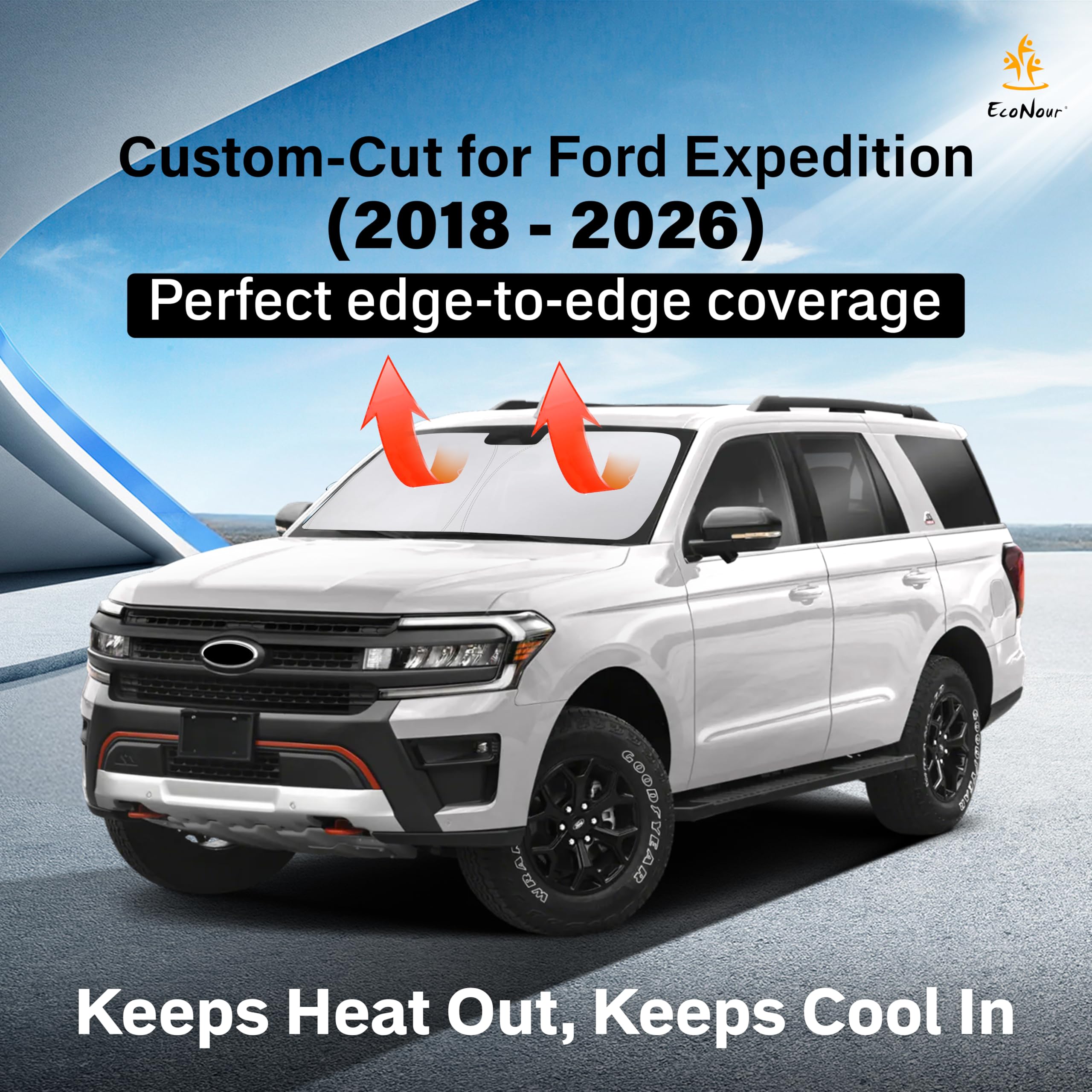 EcoNour front window shade shows full windshield coverage for Expedition.