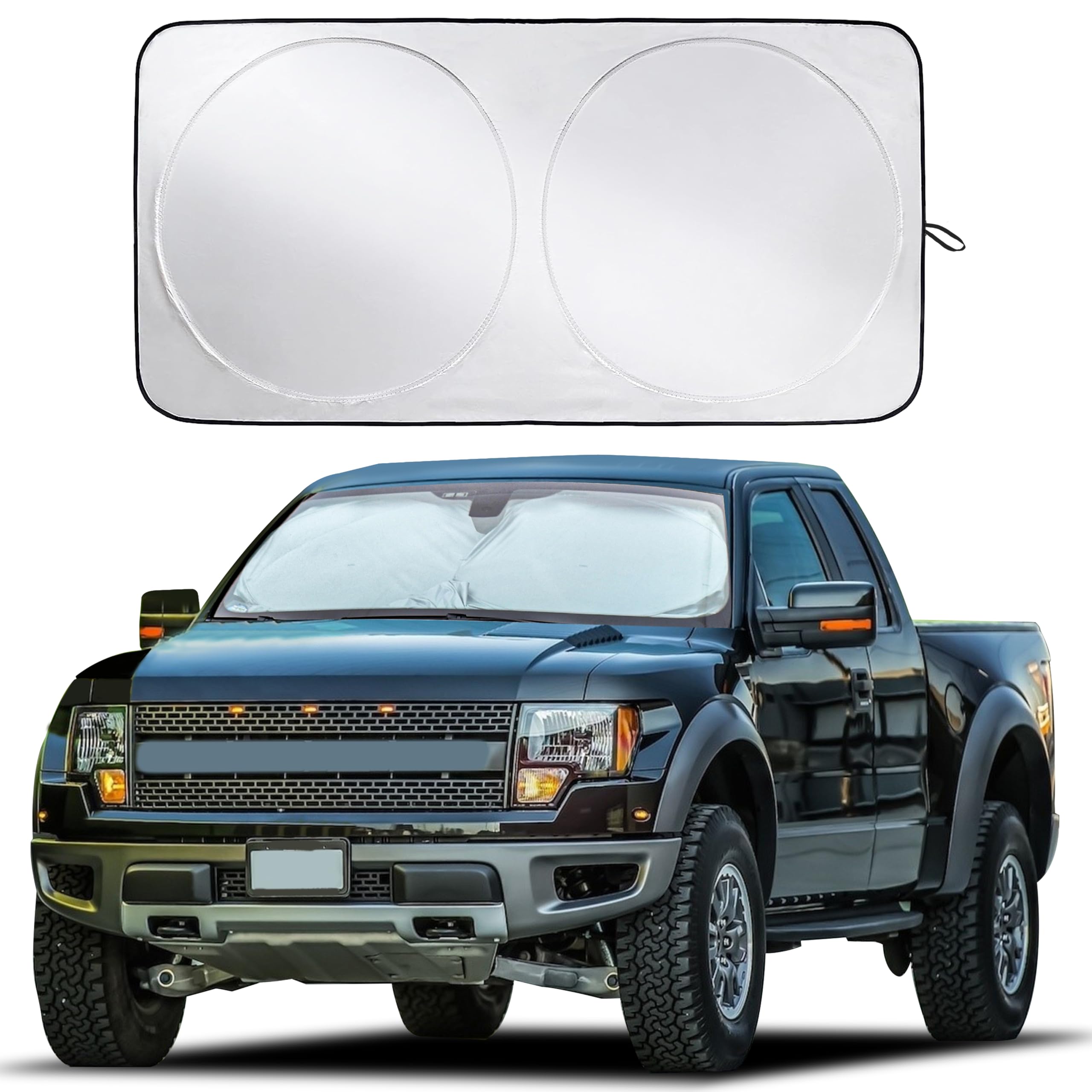 EcoNour truck windshield sun shade folded in its storage pouch for easy transport.