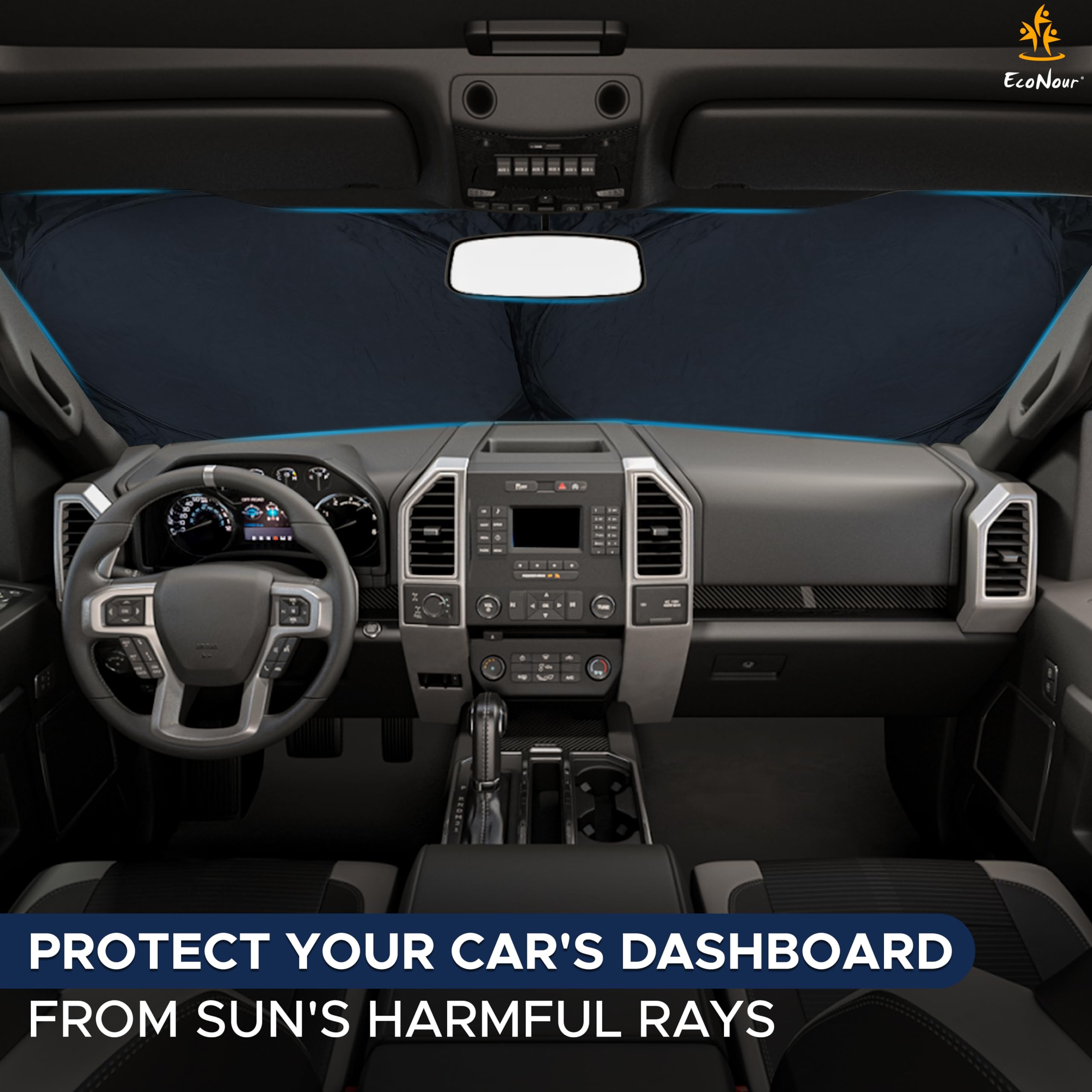 EcoNour windshield sun shade shown on a windshield for full coverage and cooling.