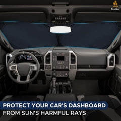 EcoNour windshield sun shade shown on a windshield for full coverage and cooling.