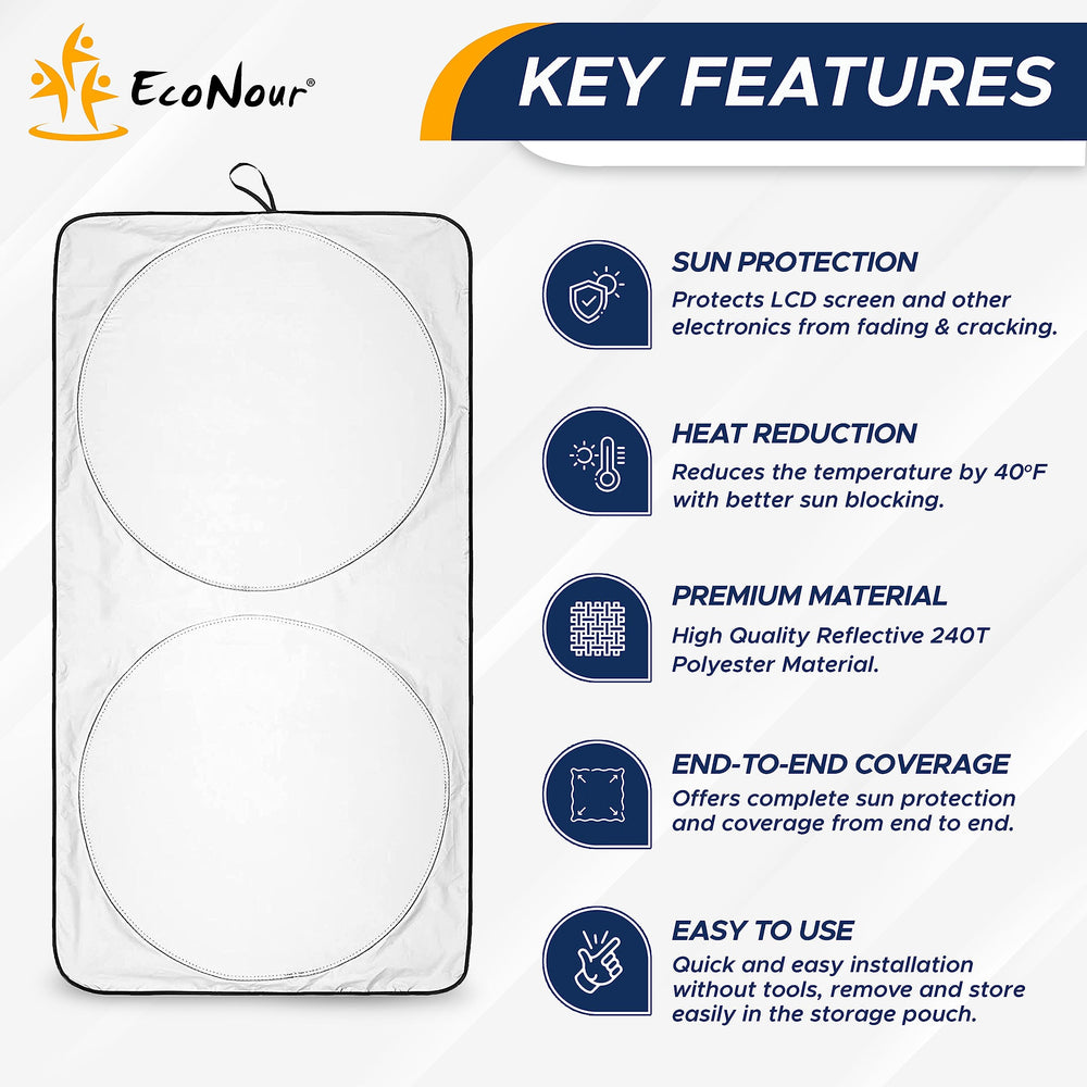 EcoNour windshield cover keeps dashboards cooler and preserves interior aesthetics.
