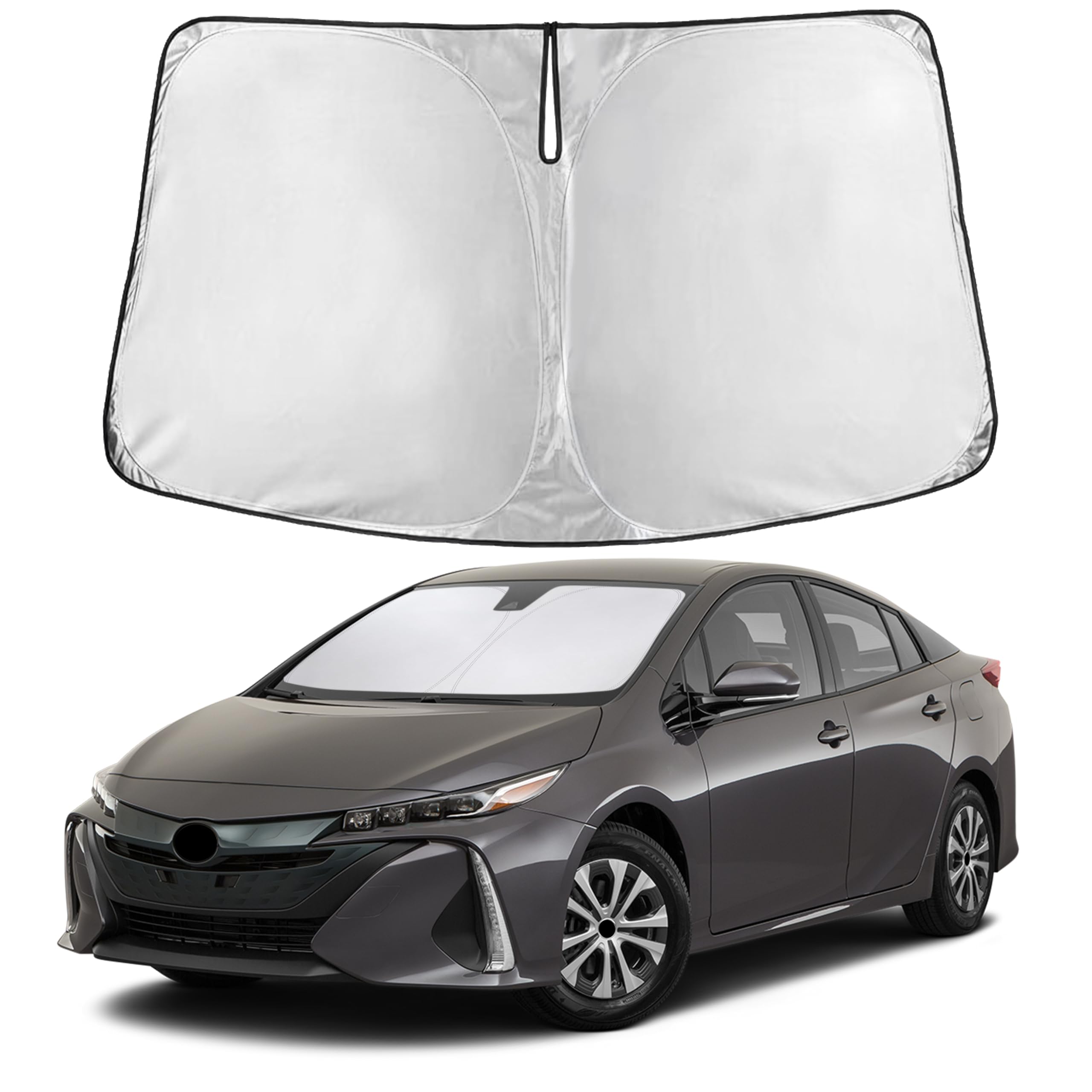 EcoNour windshield shade folded on Prius hatchback, showing compact storage option