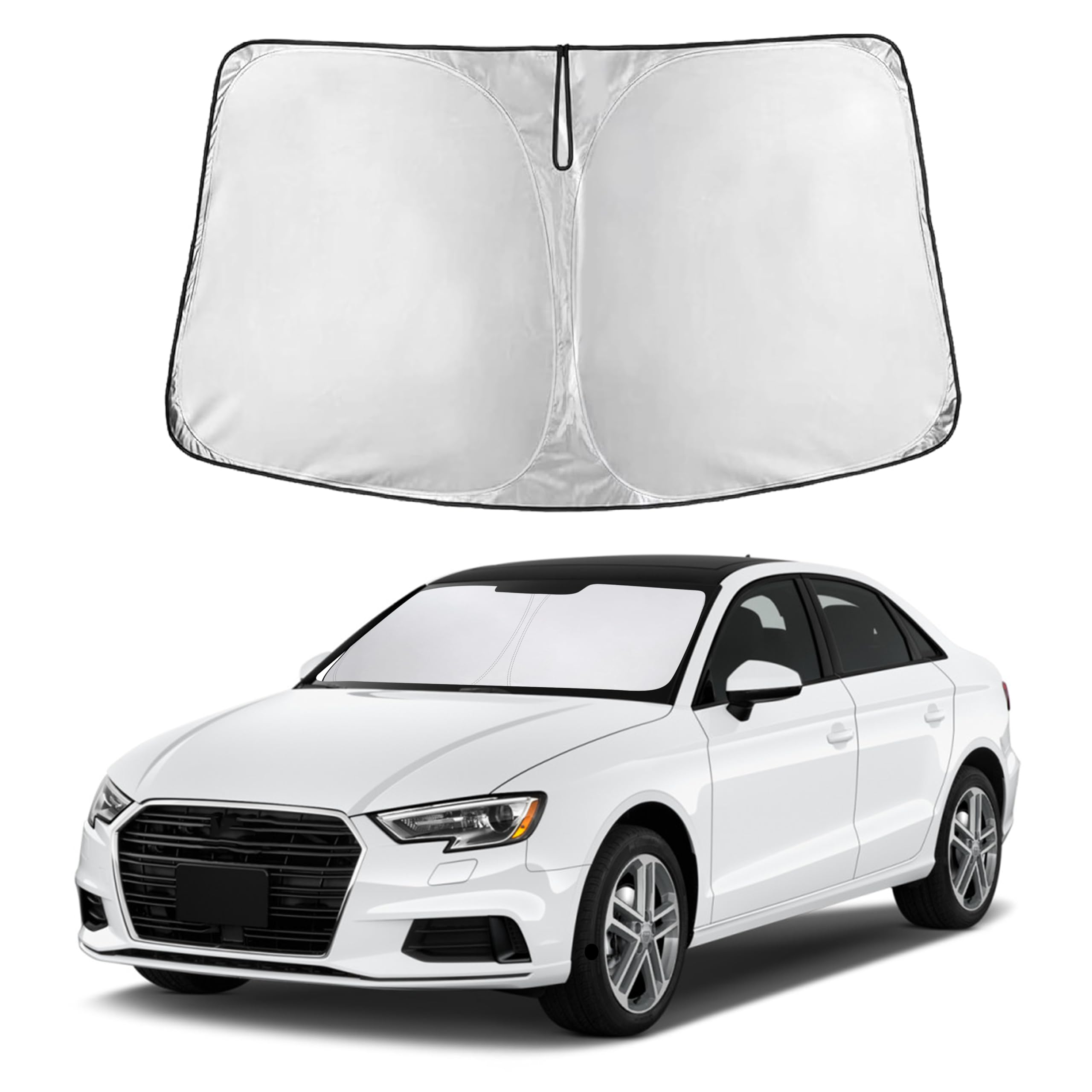 EcoNour windshield sunshade covering Audi A3 windshield for full shade and reduced glare.