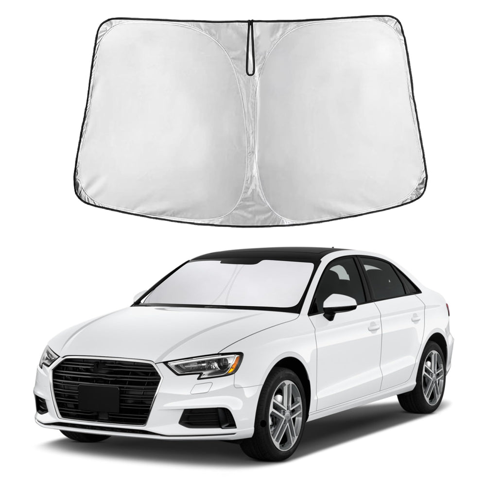 EcoNour windshield sunshade covering Audi A3 windshield for full shade and reduced glare.