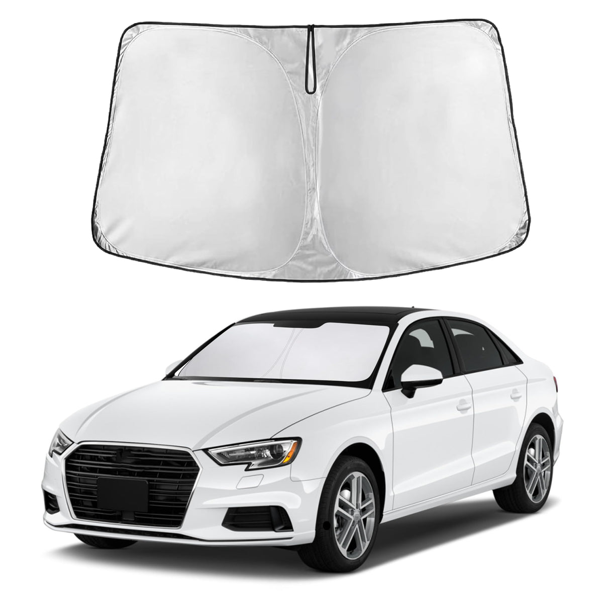 EcoNour windshield sunshade covering Audi A3 windshield for full shade and reduced glare.