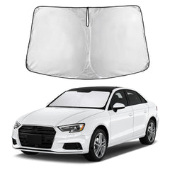 EcoNour windshield sunshade covering Audi A3 windshield for full shade and reduced glare.