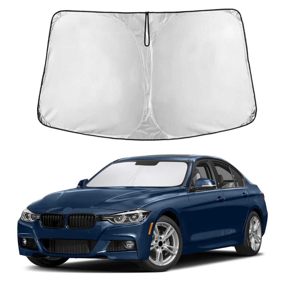 EcoNour Windshield Sunshade on BMW 3 Series; front view installed reduces glare and heat.