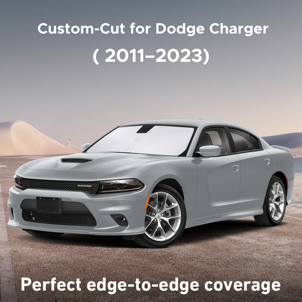 EcoNour windshield sunshade for Dodge Charger, fully deployed to reduce interior heat.