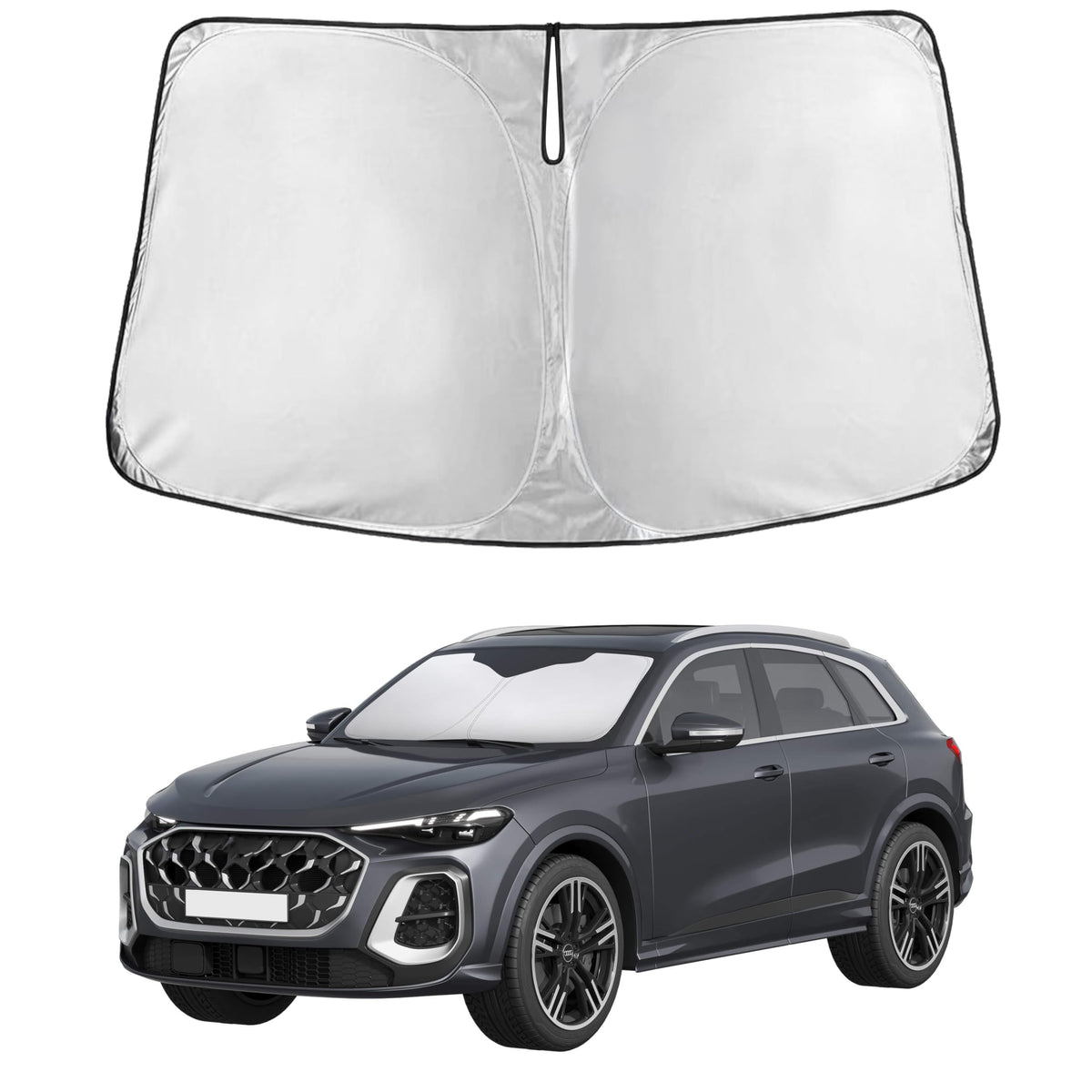 EcoNour windshield sunshade for Audi Q5 2018-2026 front view showing precise fit