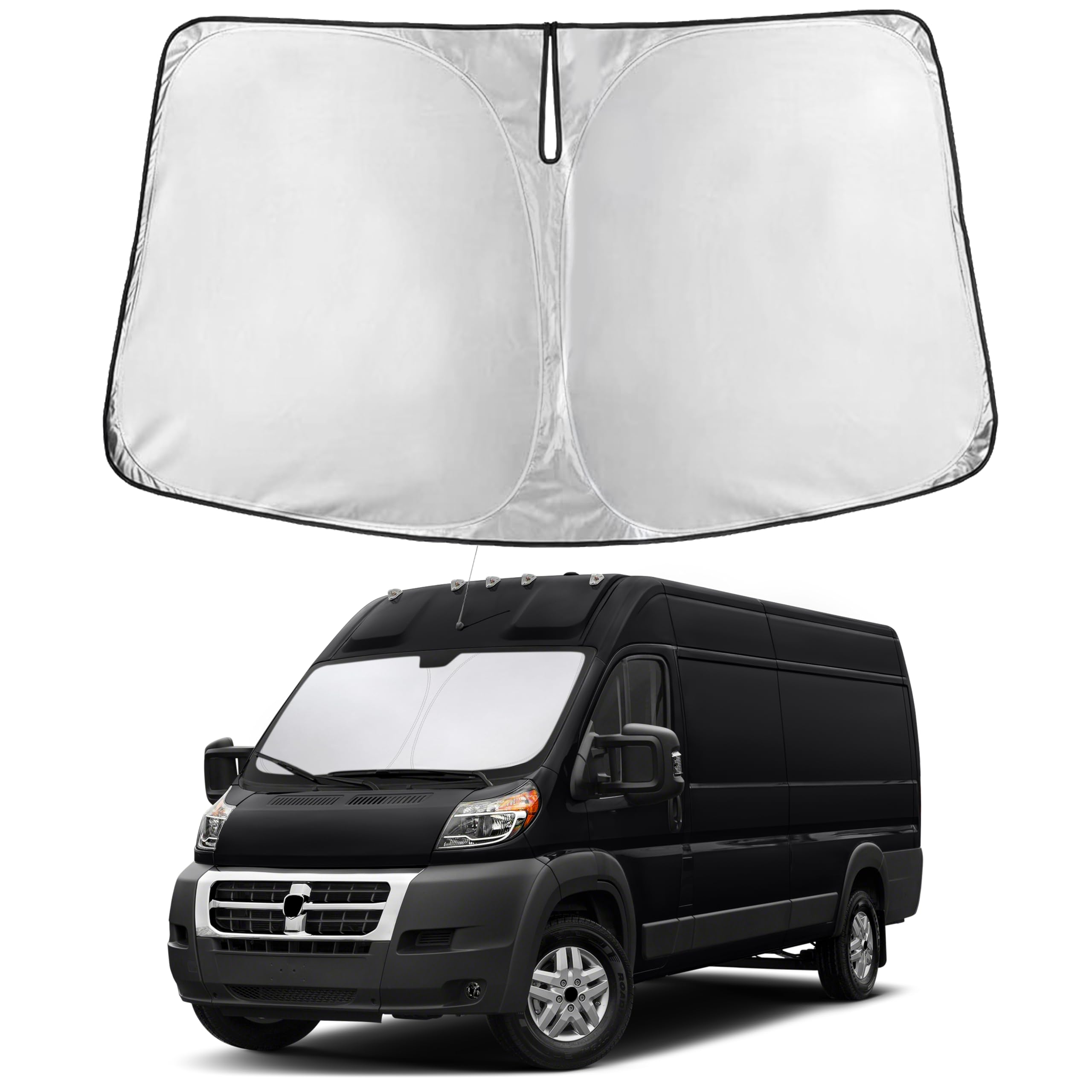 EcoNour windshield sunshade fully covers Dodge ProMaster windshield for 2014–2026.