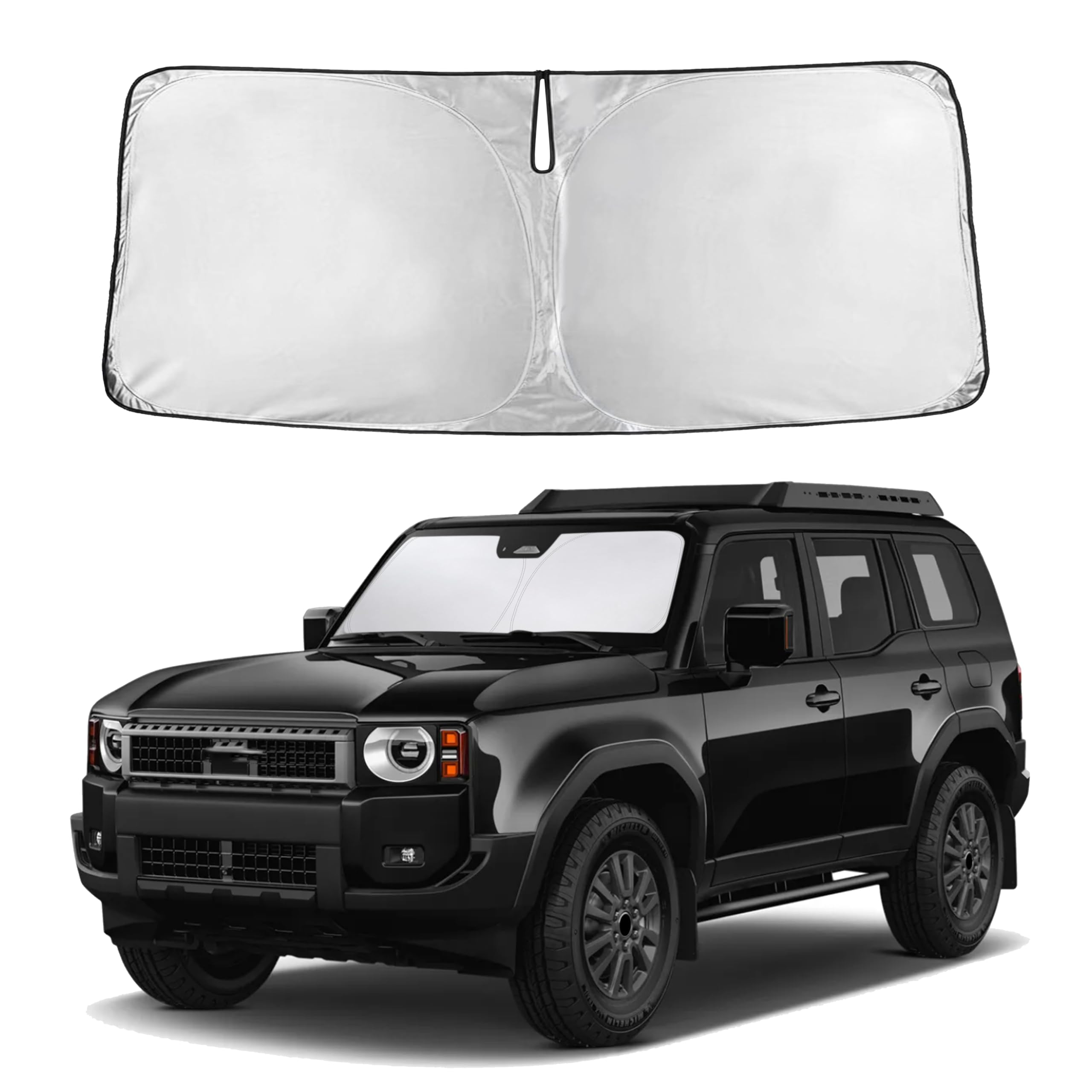 EcoNour windshield sunshade full-coverage view protects the Land Cruiser interior from sun glare