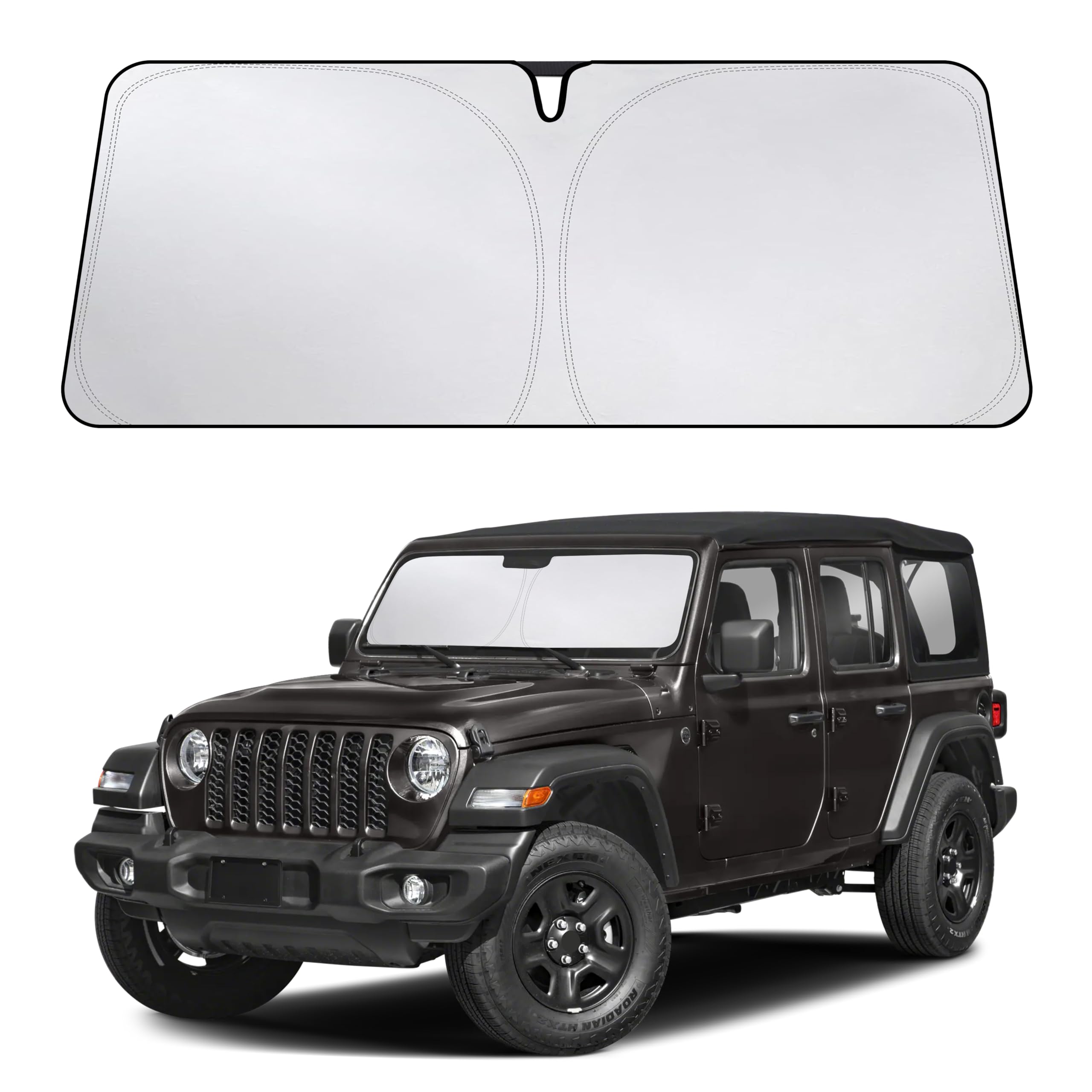 EcoNour full-coverage sunshade on Jeep Wrangler reduces glare and interior heat.