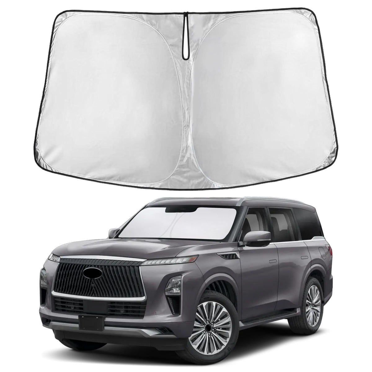 EcoNour windshield sunshade on Infiniti QX80 front window for full coverage and glare reduction